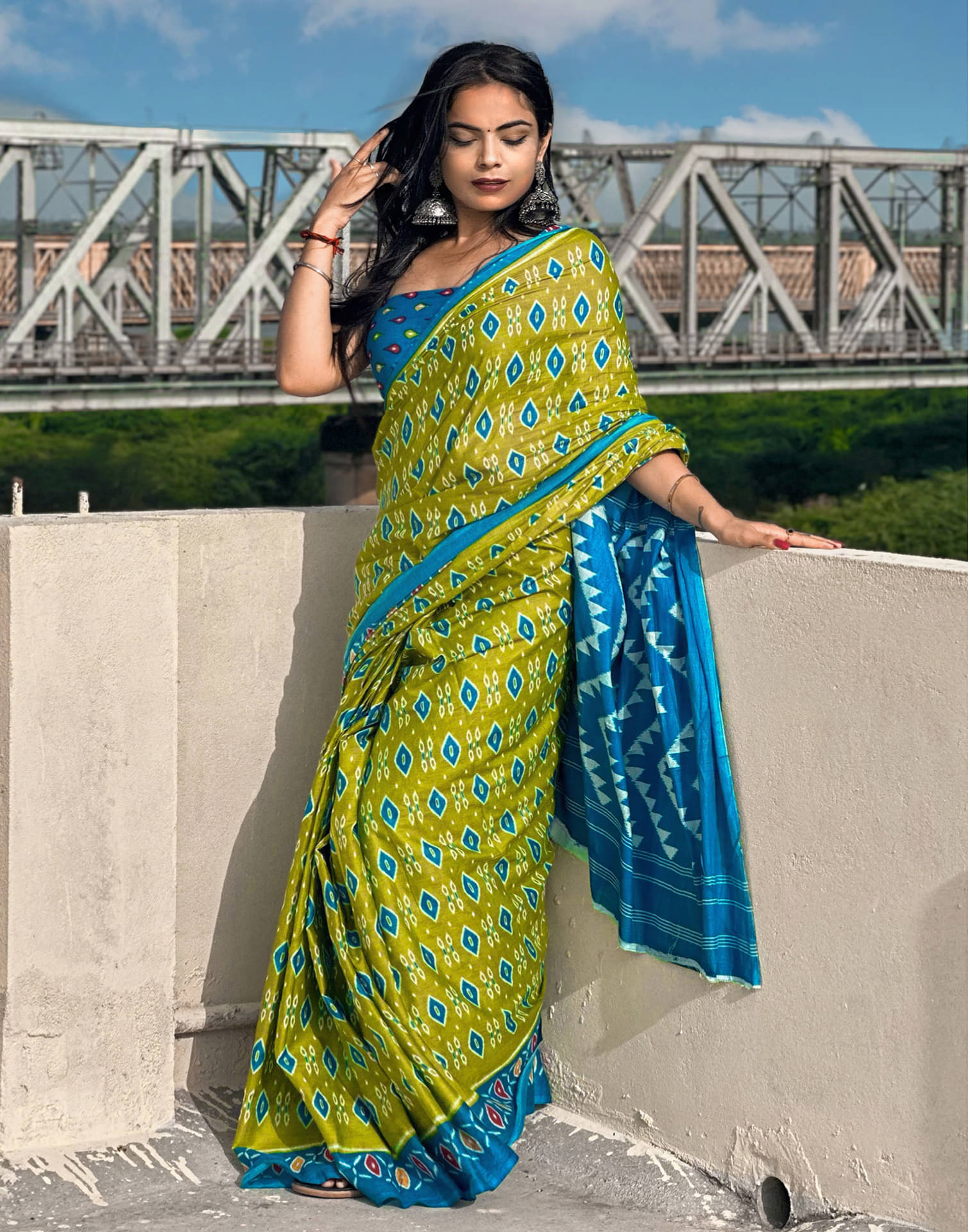     			Samah Cotton Printed Saree With Unstitched Blouse Piece ( Green )