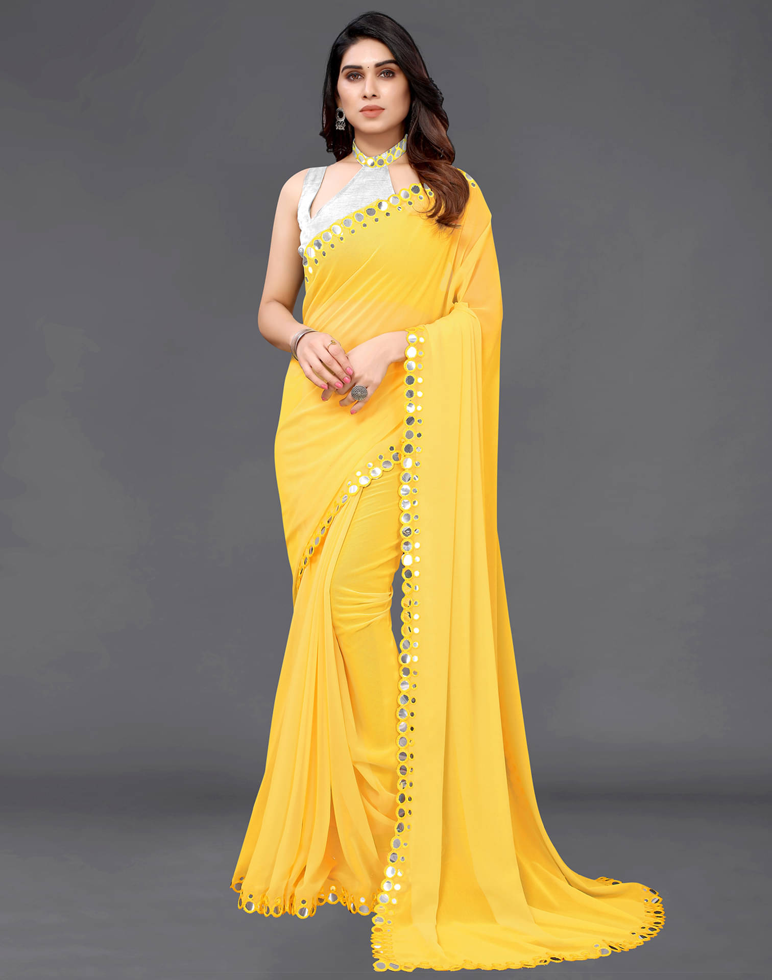 Samah Georgette Dyed Saree With Unstitched Blouse Piece ( Yellow ) Samah Georgette Dyed Saree With Unstitched Blouse Piece ( Yellow )