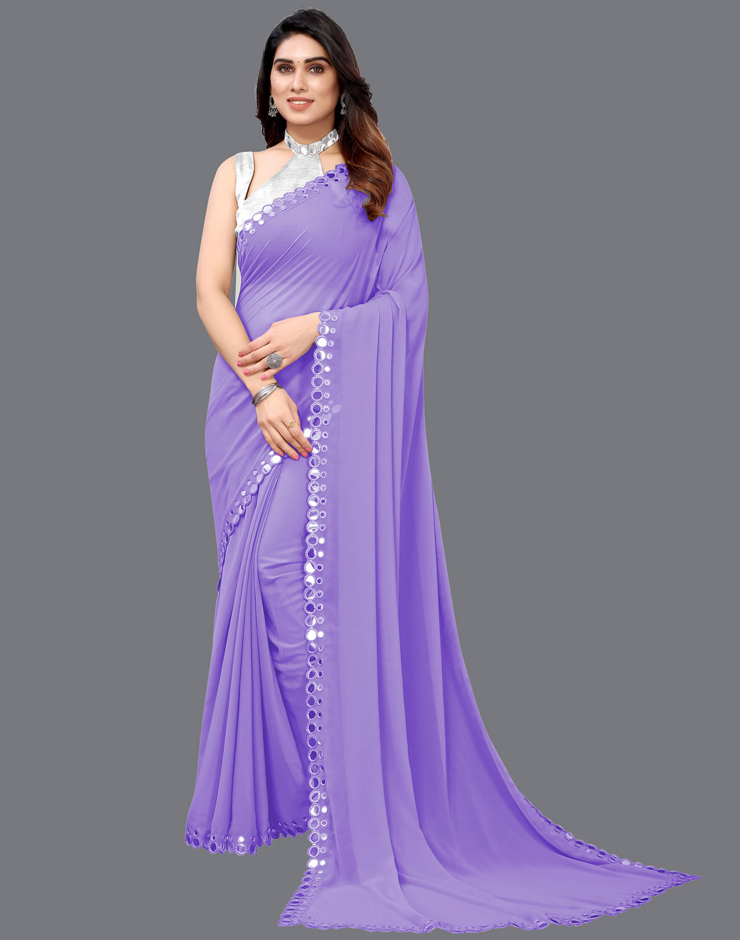 Samah Georgette Dyed Saree With Unstitched Blouse Piece ( Lavender ) Samah Georgette Dyed Saree With Unstitched Blouse Piece ( Lavender )