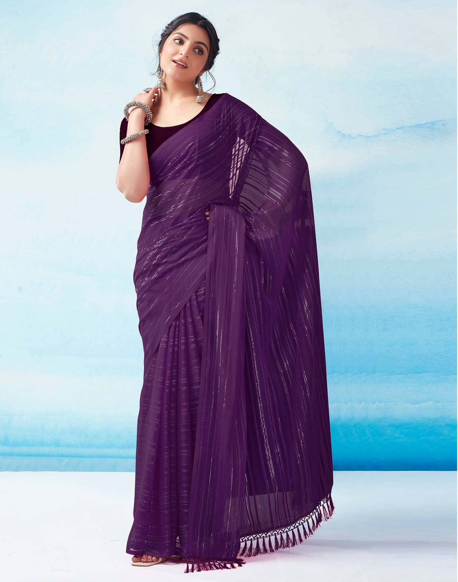 Samah Georgette Dyed Saree With Unstitched Blouse Piece ( Purple ) Samah Georgette Dyed Saree With Unstitched Blouse Piece ( Purple )