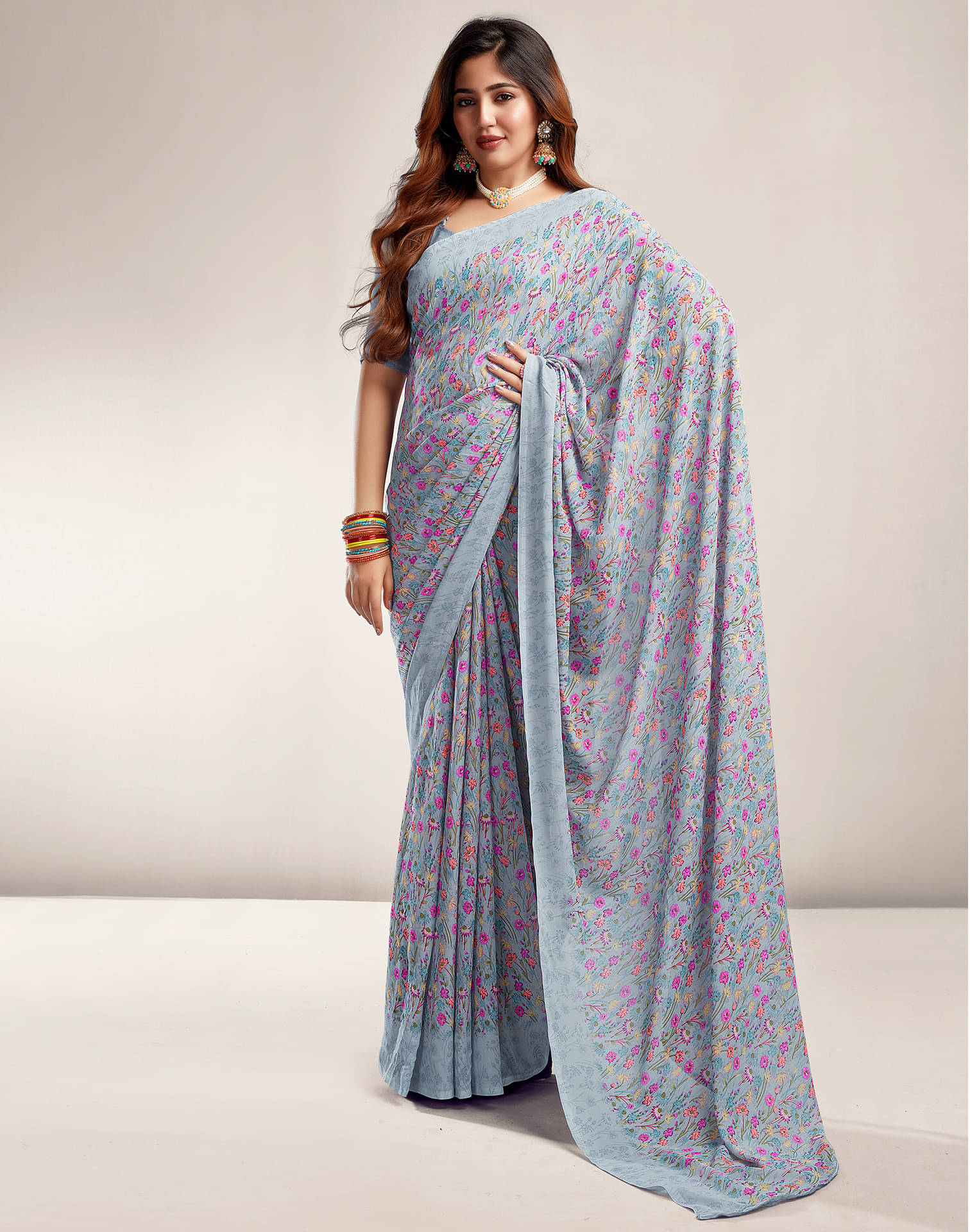     			Samah Georgette Printed Saree With Unstitched Blouse Piece ( Grey )