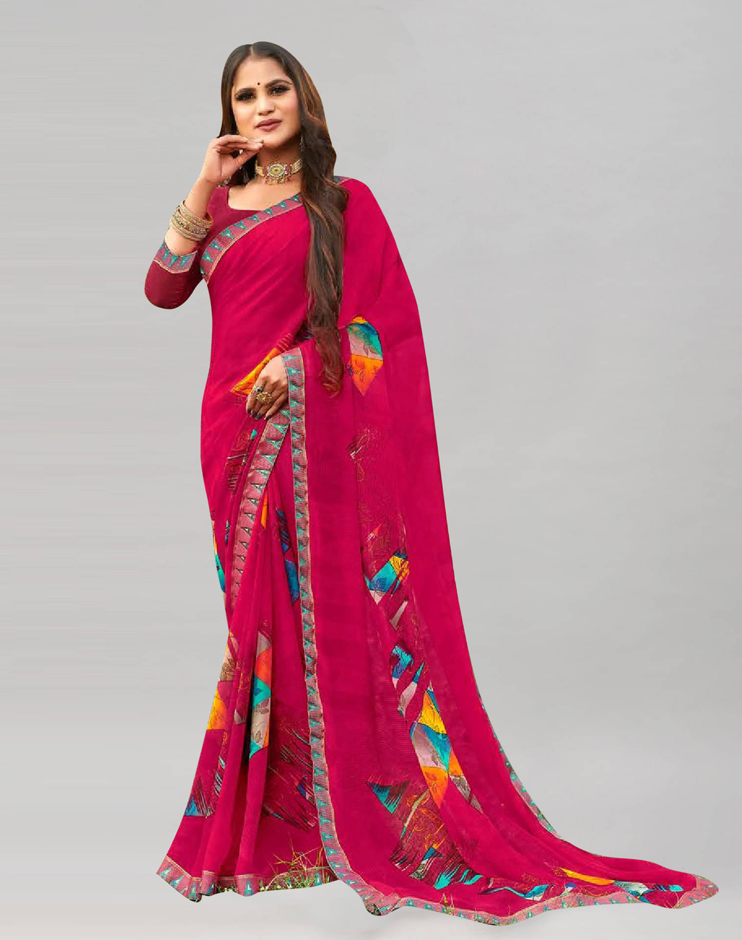 Samah Georgette Printed Saree With Unstitched Blouse Piece ( Pink ) Samah Georgette Printed Saree With Unstitched Blouse Piece ( Pink )