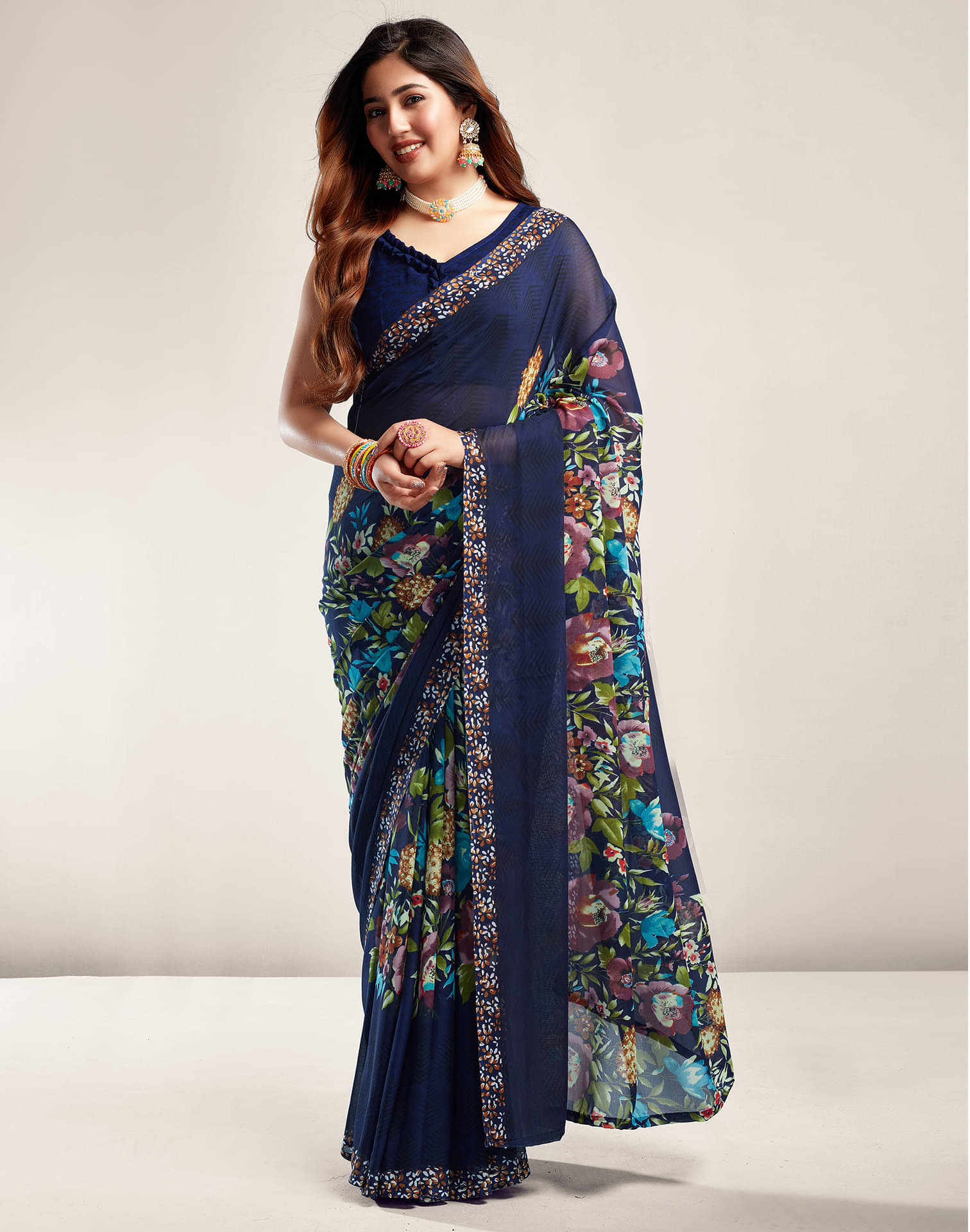     			Samah Georgette Printed Saree With Unstitched Blouse Piece ( Navy Blue )