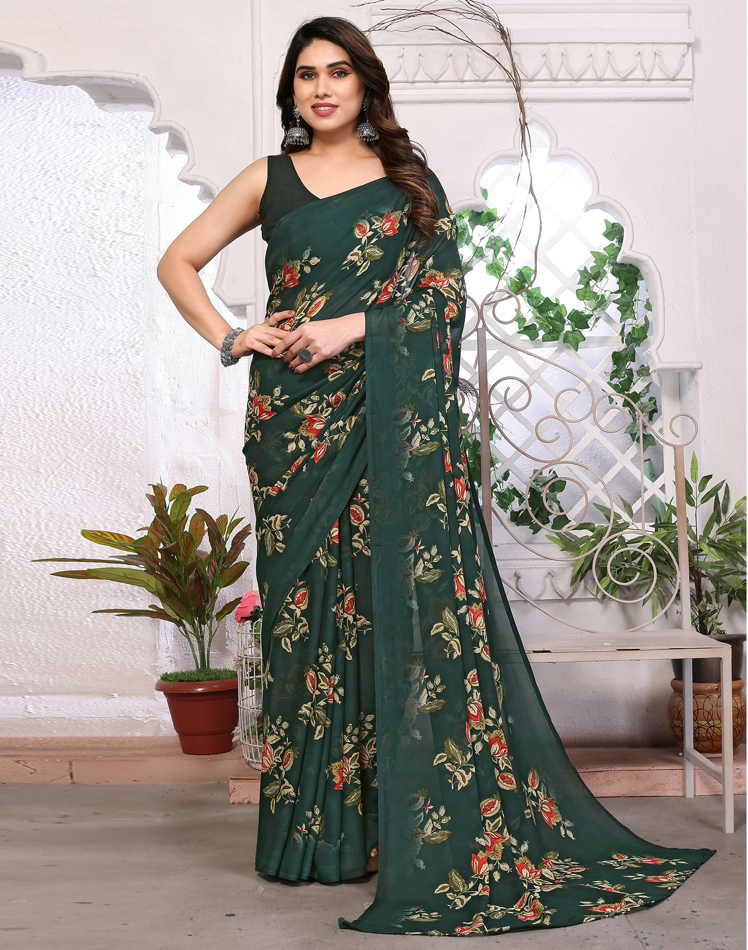 Samah Georgette Printed Saree With Unstitched Blouse Piece ( Green ) Samah Georgette Printed Saree With Unstitched Blouse Piece ( Green )
