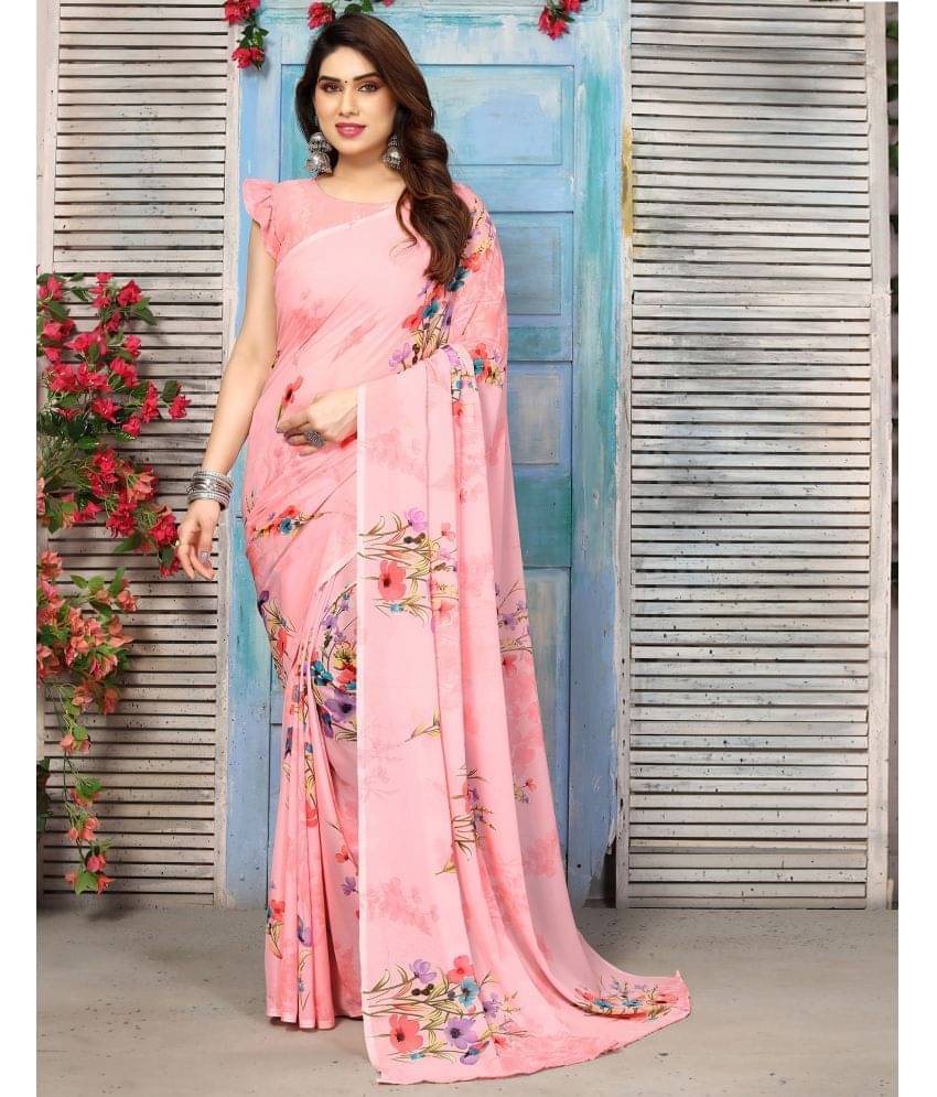 Samah Georgette Printed Saree With Unstitched Blouse Piece ( Pink ) Samah Georgette Printed Saree With Unstitched Blouse Piece ( Pink )