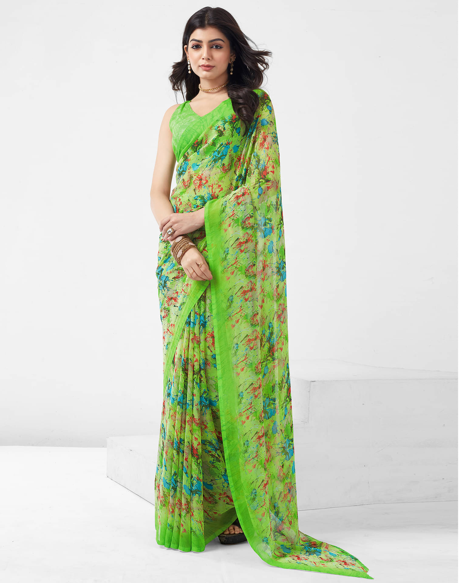     			Samah Georgette Printed Saree With Unstitched Blouse Piece ( Light Green )