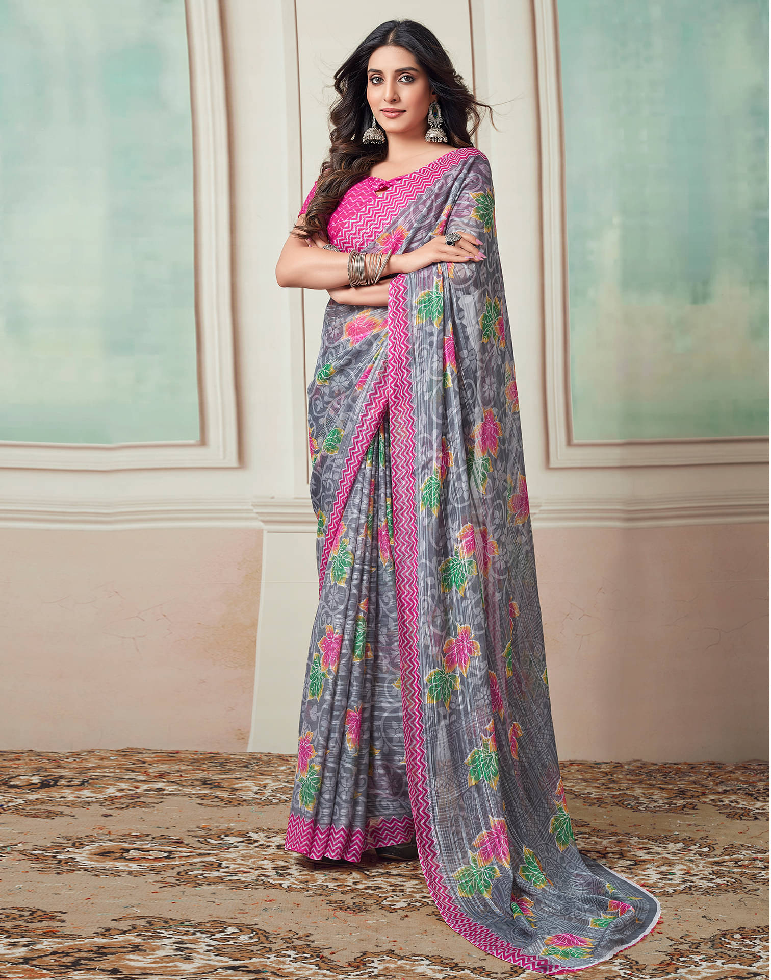     			Samah Georgette Printed Saree With Unstitched Blouse Piece ( Grey )