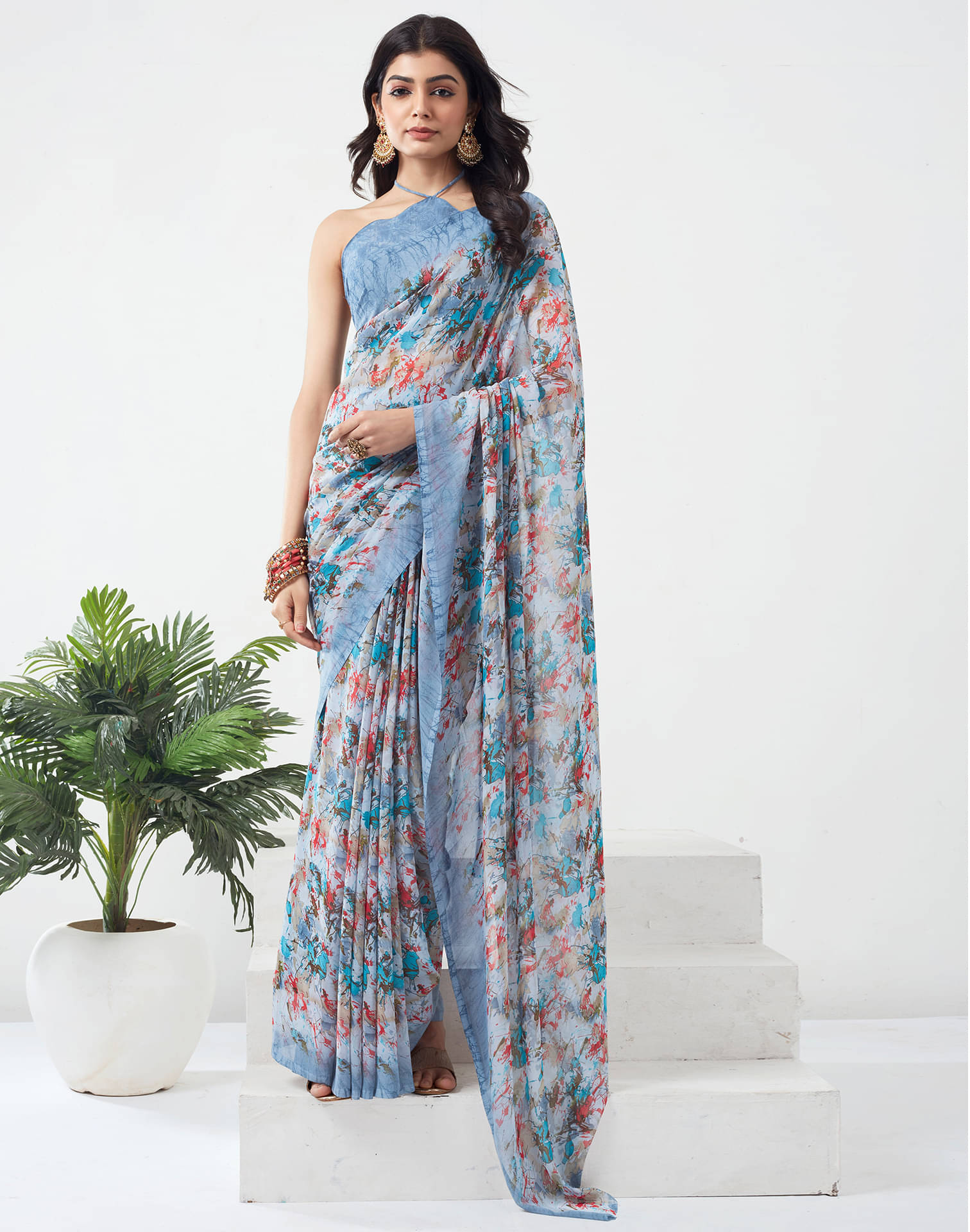     			Samah Georgette Printed Saree With Unstitched Blouse Piece ( Grey )