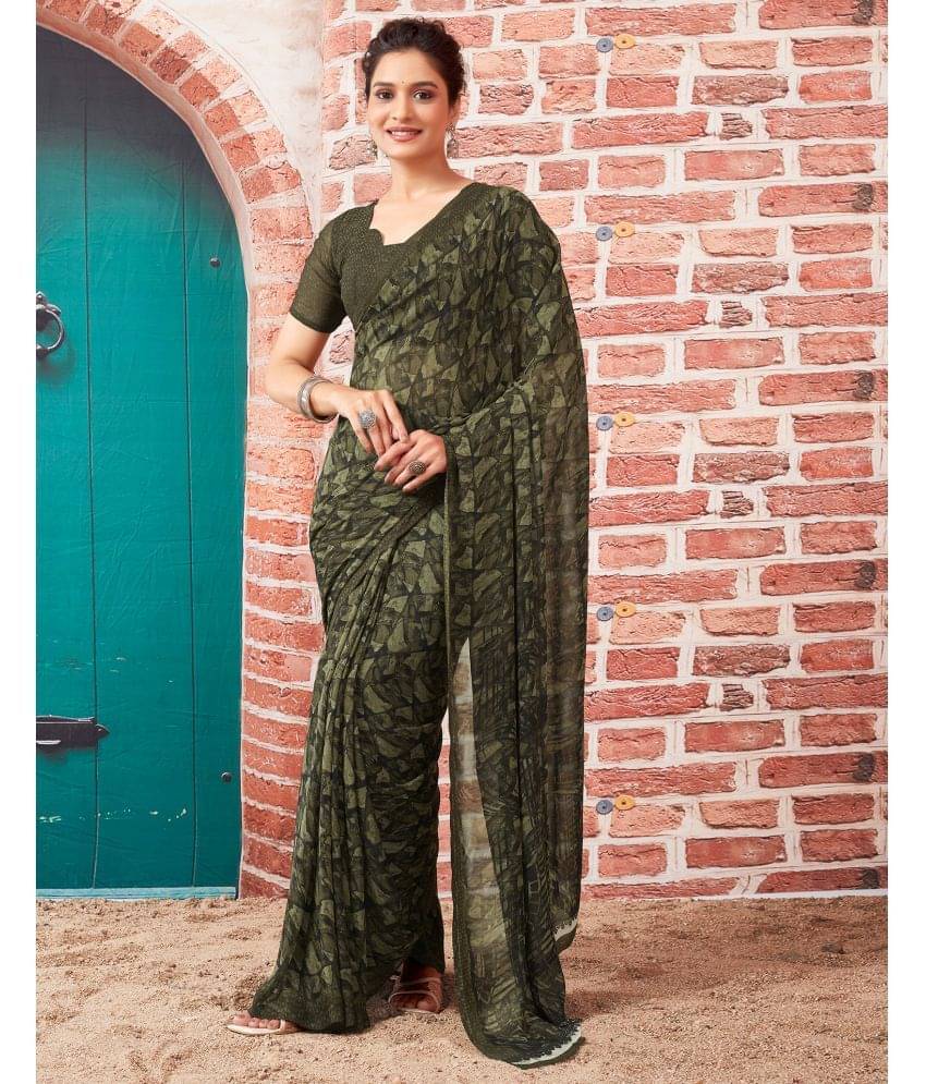     			Samah Georgette Printed Saree With Unstitched Blouse Piece ( Green )