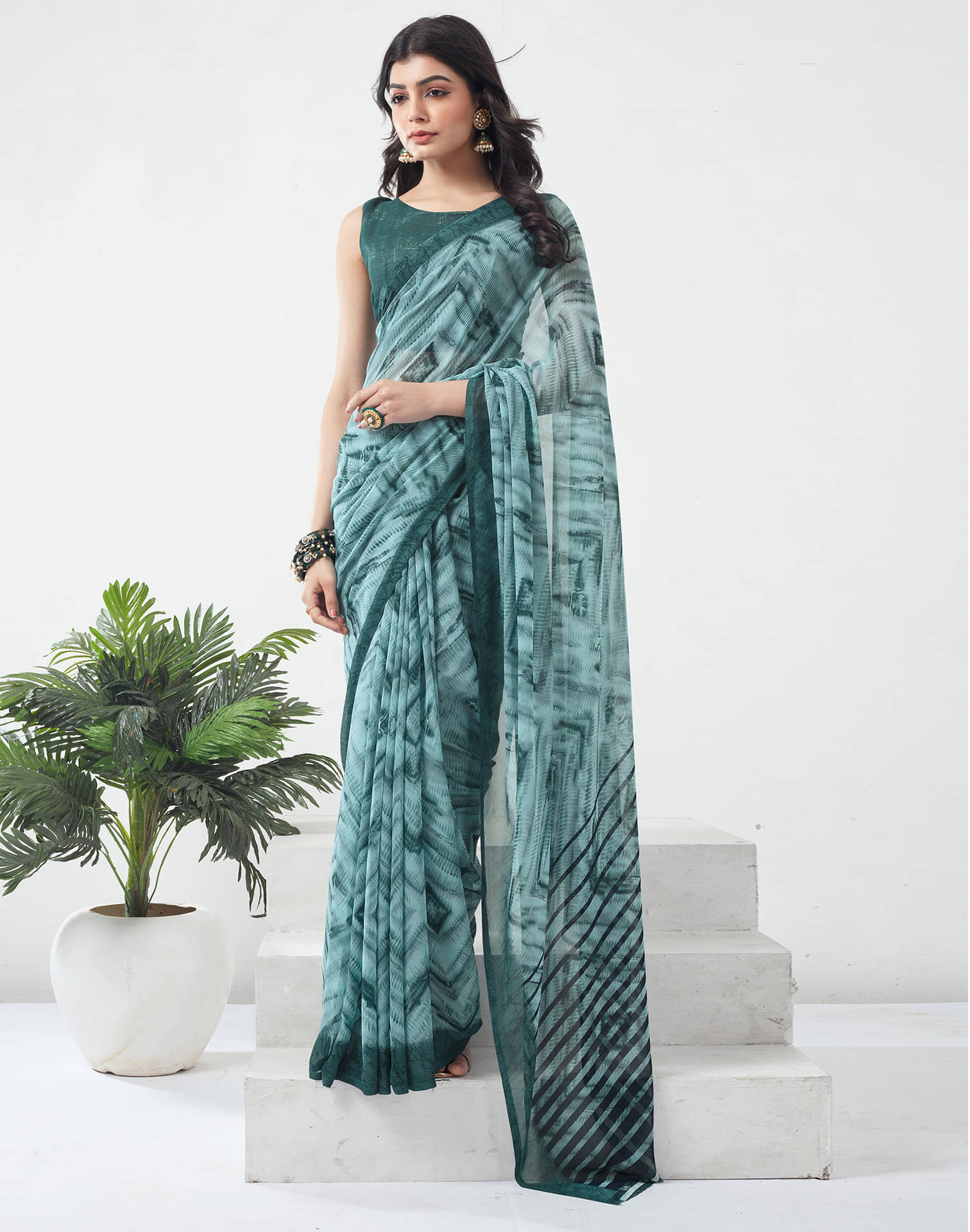     			Samah Georgette Printed Saree With Unstitched Blouse Piece ( Rama )
