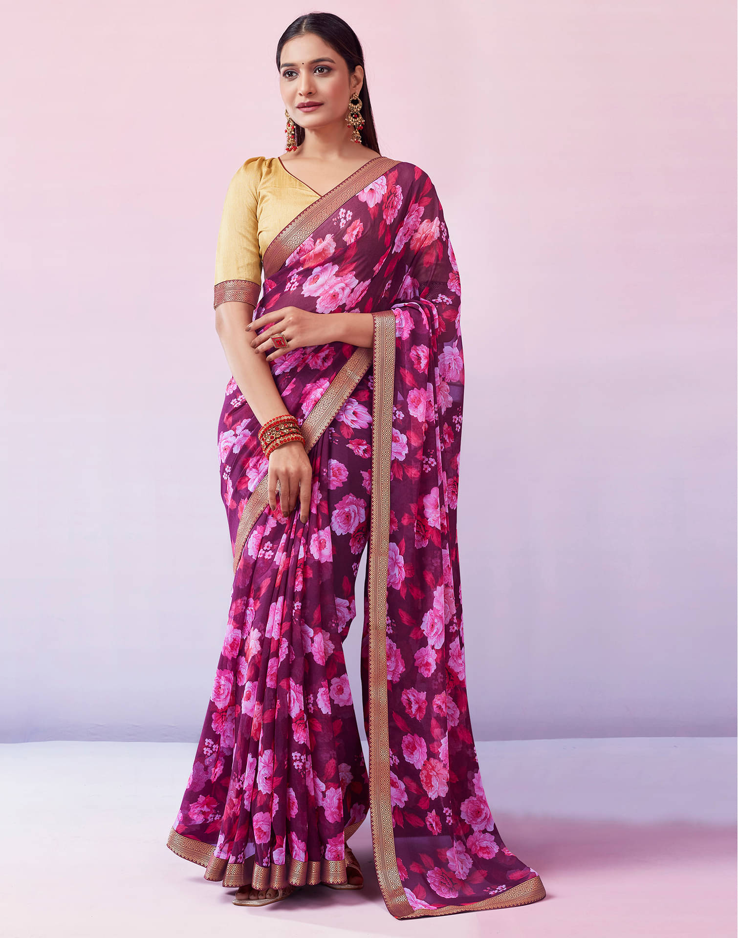 Samah Georgette Printed Saree With Unstitched Blouse Piece ( Purple ) Samah Georgette Printed Saree With Unstitched Blouse Piece ( Purple )
