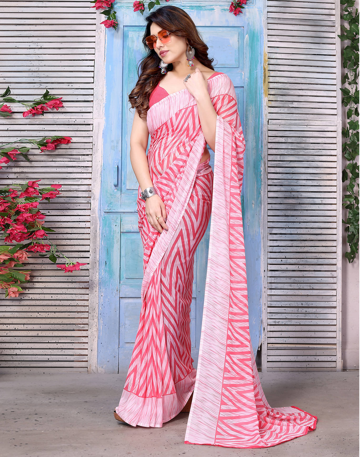 Samah Georgette Printed Saree With Unstitched Blouse Piece ( Pink ) Samah Georgette Printed Saree With Unstitched Blouse Piece ( Pink )