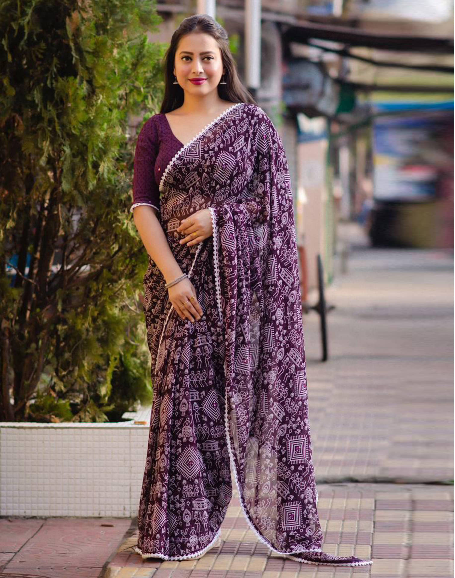     			Samah Georgette Printed Saree With Unstitched Blouse Piece ( Purple )
