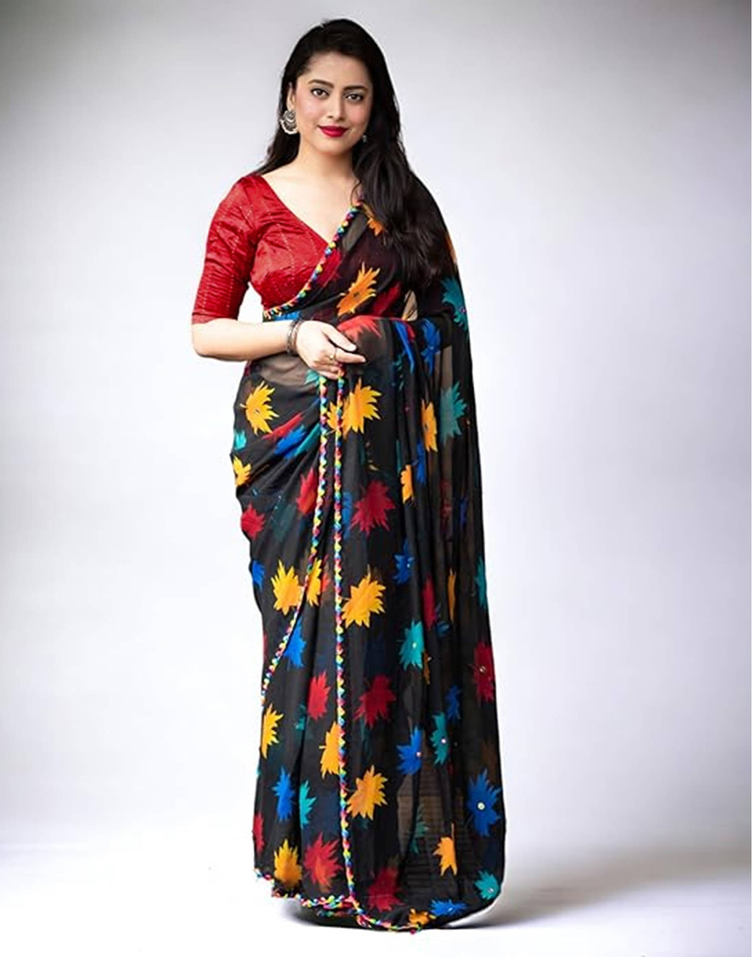 Samah Georgette Printed Saree With Unstitched Blouse Piece ( Black ) Samah Georgette Printed Saree With Unstitched Blouse Piece ( Black )