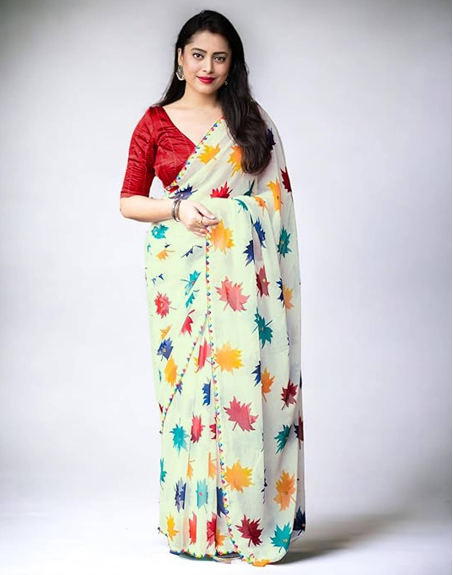 Samah Georgette Printed Saree With Unstitched Blouse Piece ( Cream ) Samah Georgette Printed Saree With Unstitched Blouse Piece ( Cream )