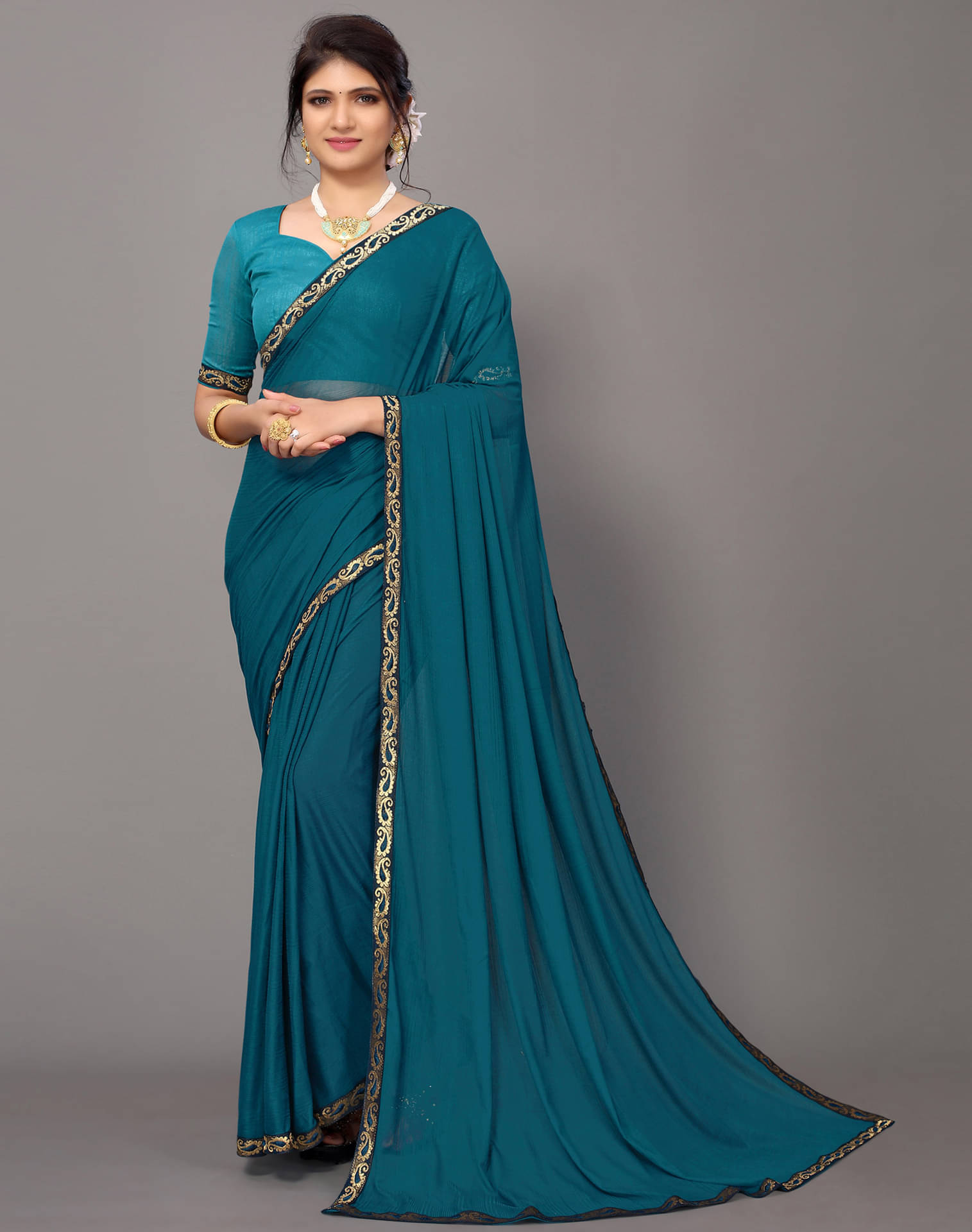 Samah Lycra Dyed Saree With Unstitched Blouse Piece ( Teal ) Samah Lycra Dyed Saree With Unstitched Blouse Piece ( Teal )