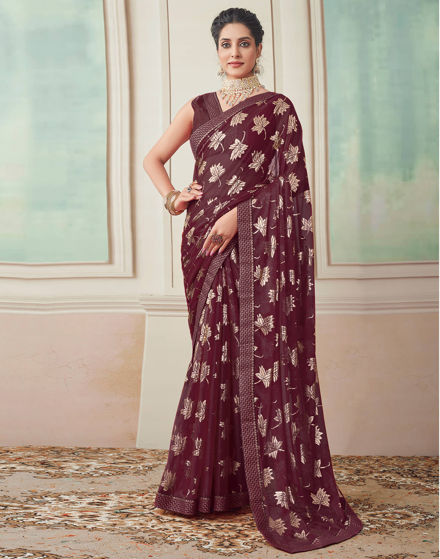     			Samah Lycra Printed Saree With Unstitched Blouse Piece ( Maroon )