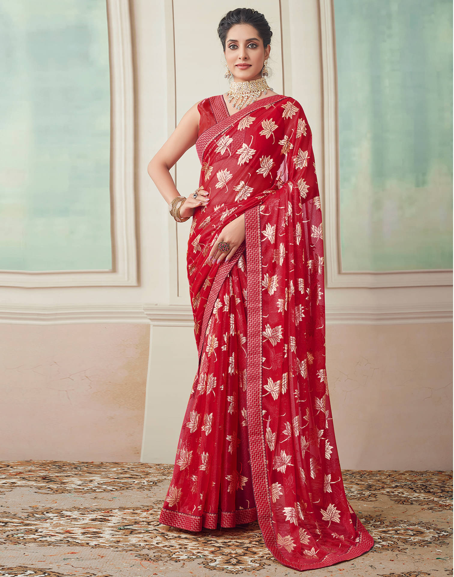     			Samah Lycra Printed Saree With Unstitched Blouse Piece ( Red )