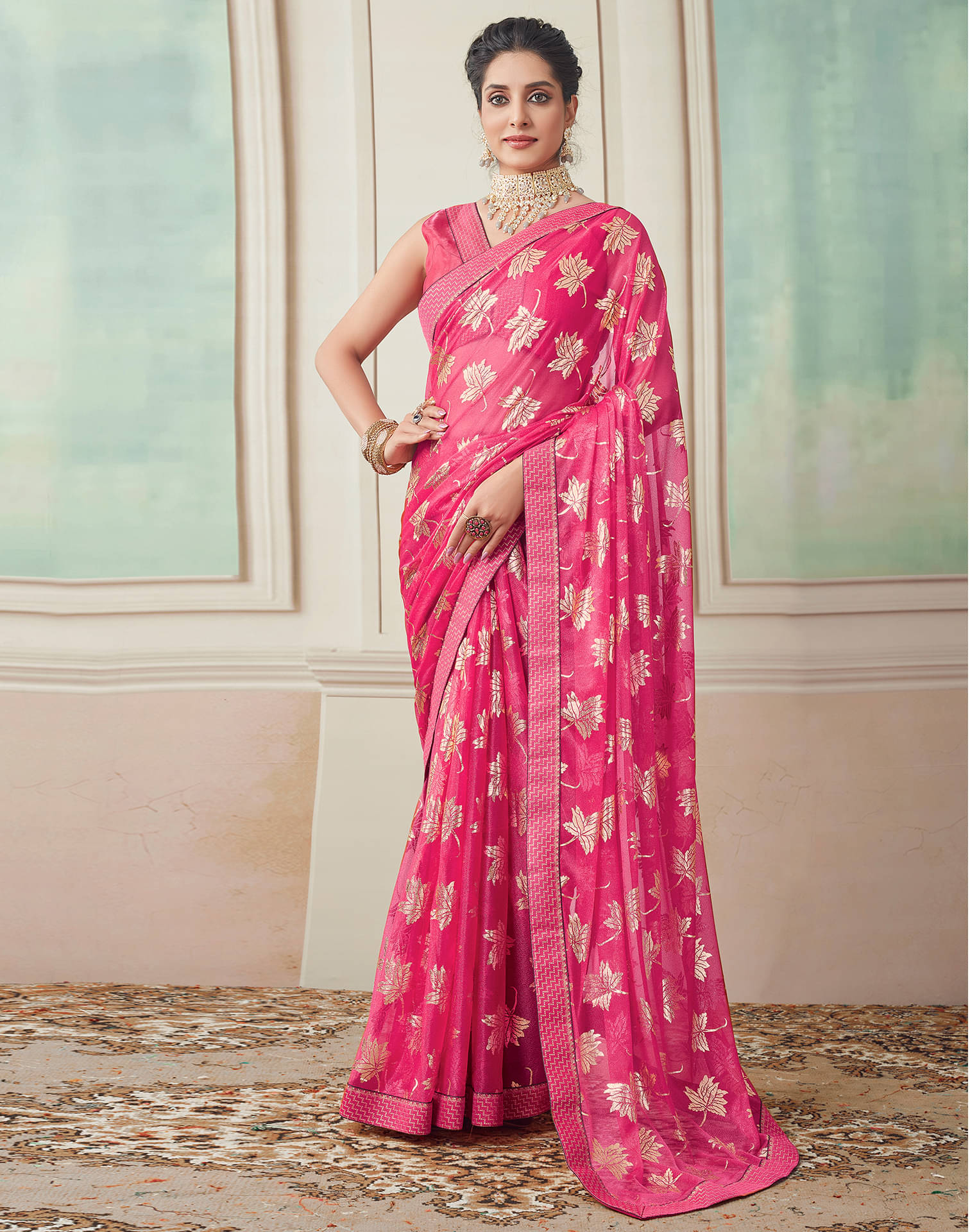 Samah Lycra Printed Saree With Unstitched Blouse Piece ( Pink ) Samah Lycra Printed Saree With Unstitched Blouse Piece ( Pink )