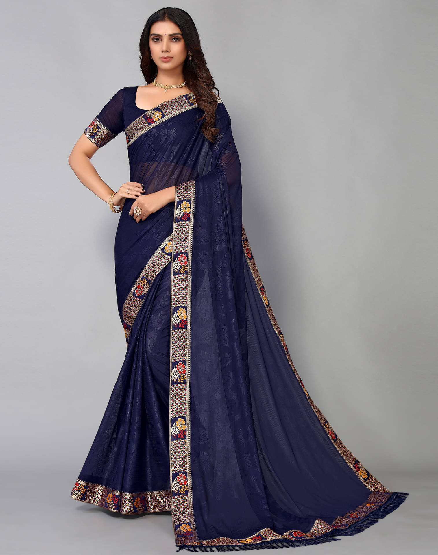 Samah Lycra Self Design Saree With Unstitched Blouse Piece ( Blue ) Samah Lycra Self Design Saree With Unstitched Blouse Piece ( Blue )
