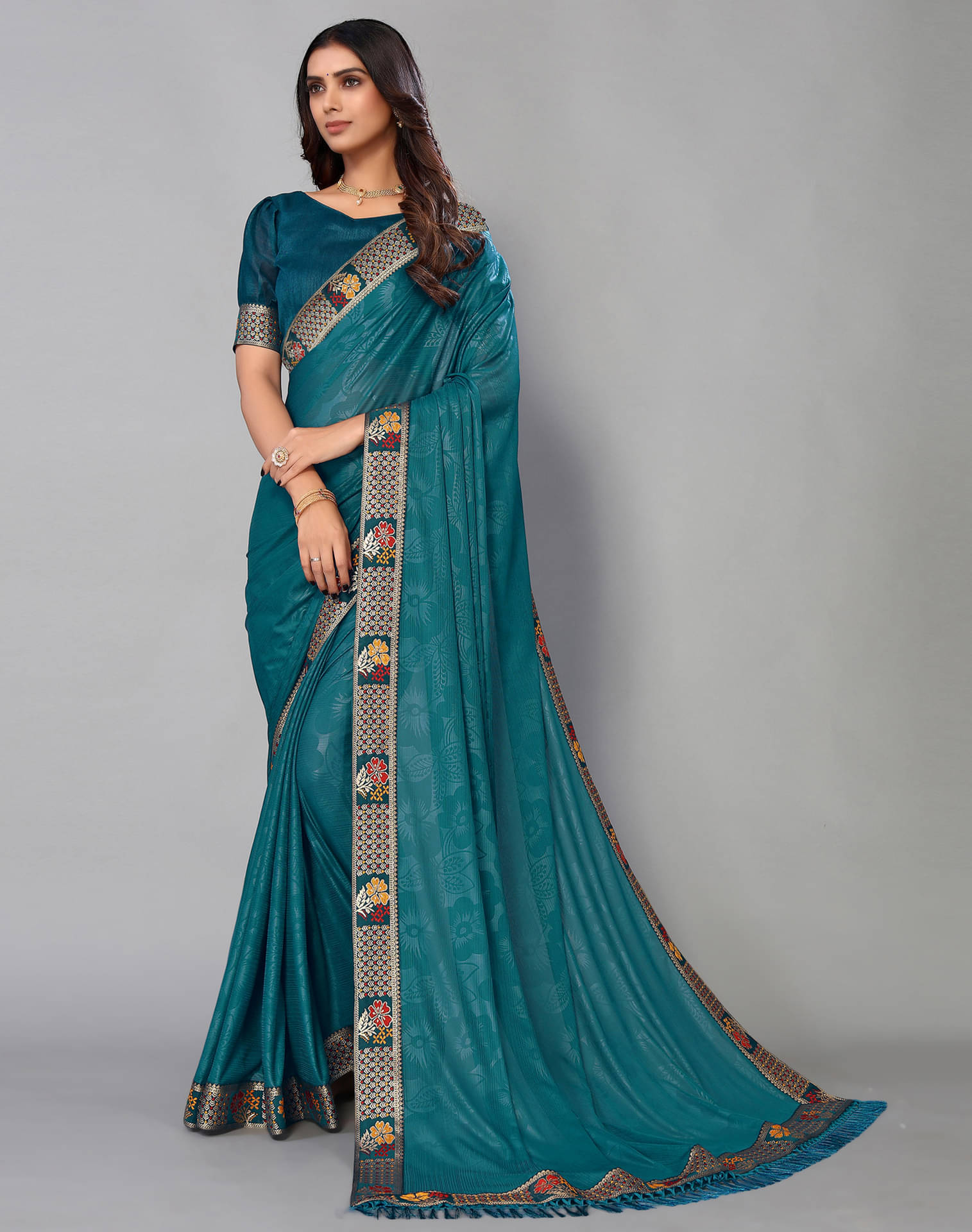 Samah Lycra Self Design Saree With Unstitched Blouse Piece ( Teal ) Samah Lycra Self Design Saree With Unstitched Blouse Piece ( Teal )