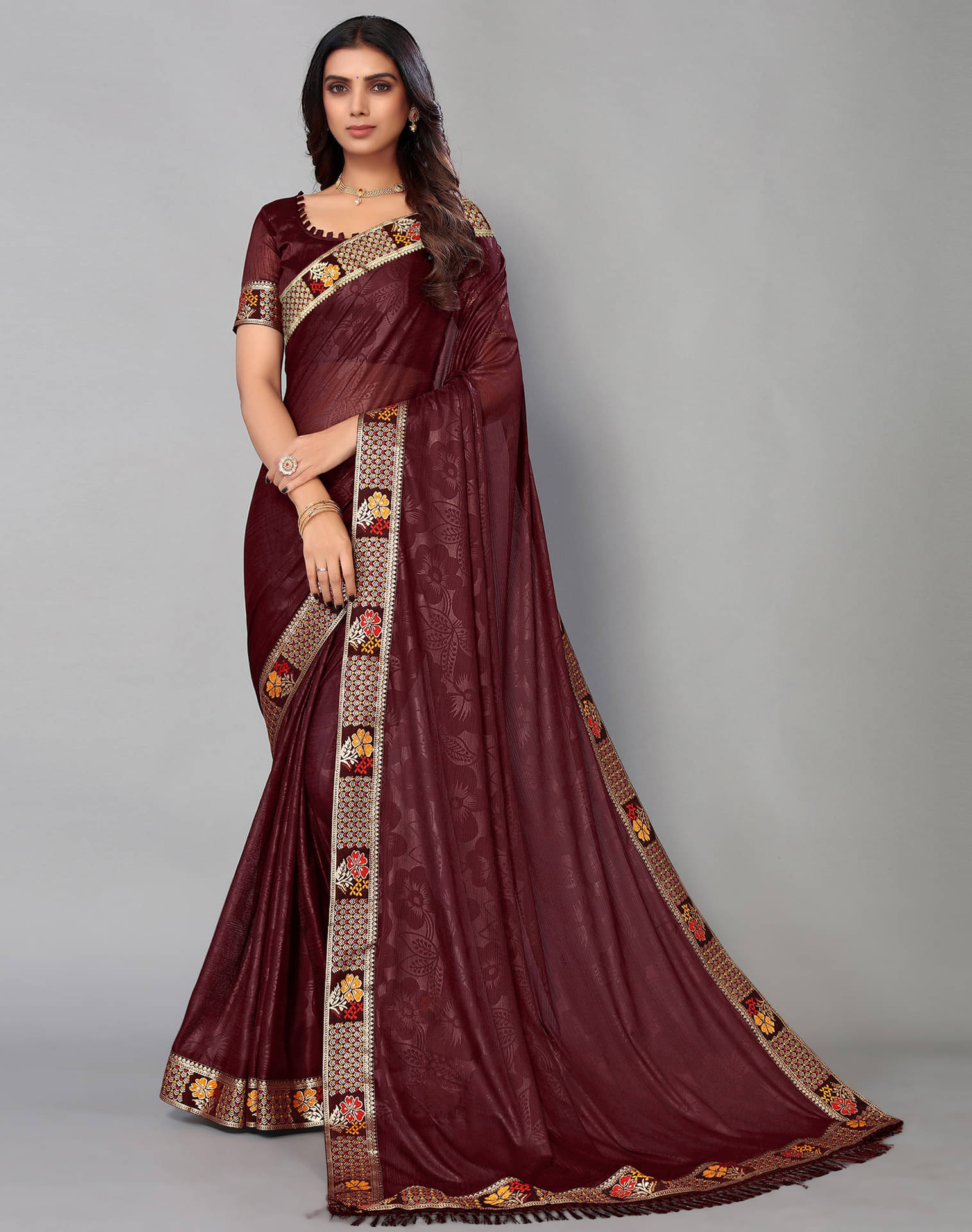 Samah Lycra Self Design Saree With Unstitched Blouse Piece ( Brown ) Samah Lycra Self Design Saree With Unstitched Blouse Piece ( Brown )