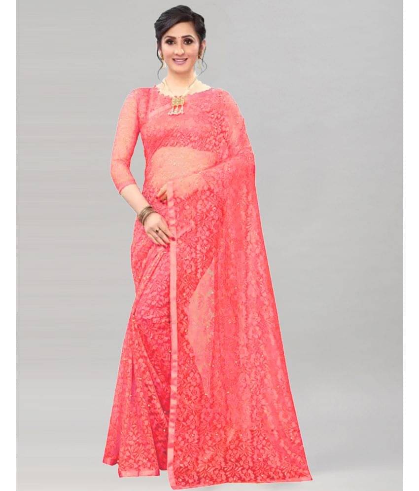     			Samah Net Embellished Saree With Unstitched Blouse Piece ( Peach )