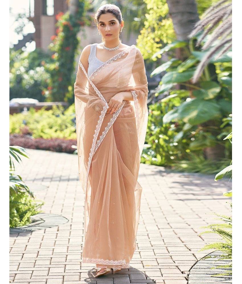 Samah Net Embellished Saree With Unstitched Blouse Piece ( Peach ) Samah Net Embellished Saree With Unstitched Blouse Piece ( Peach )