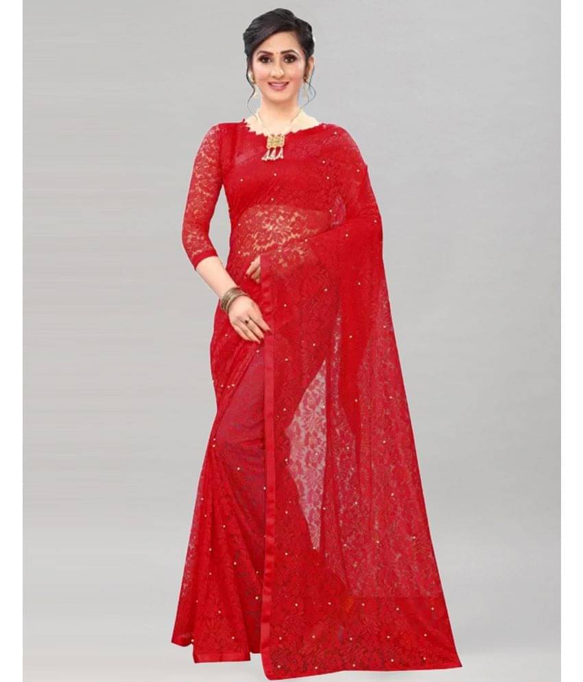     			Samah Net Embellished Saree With Unstitched Blouse Piece ( Red )