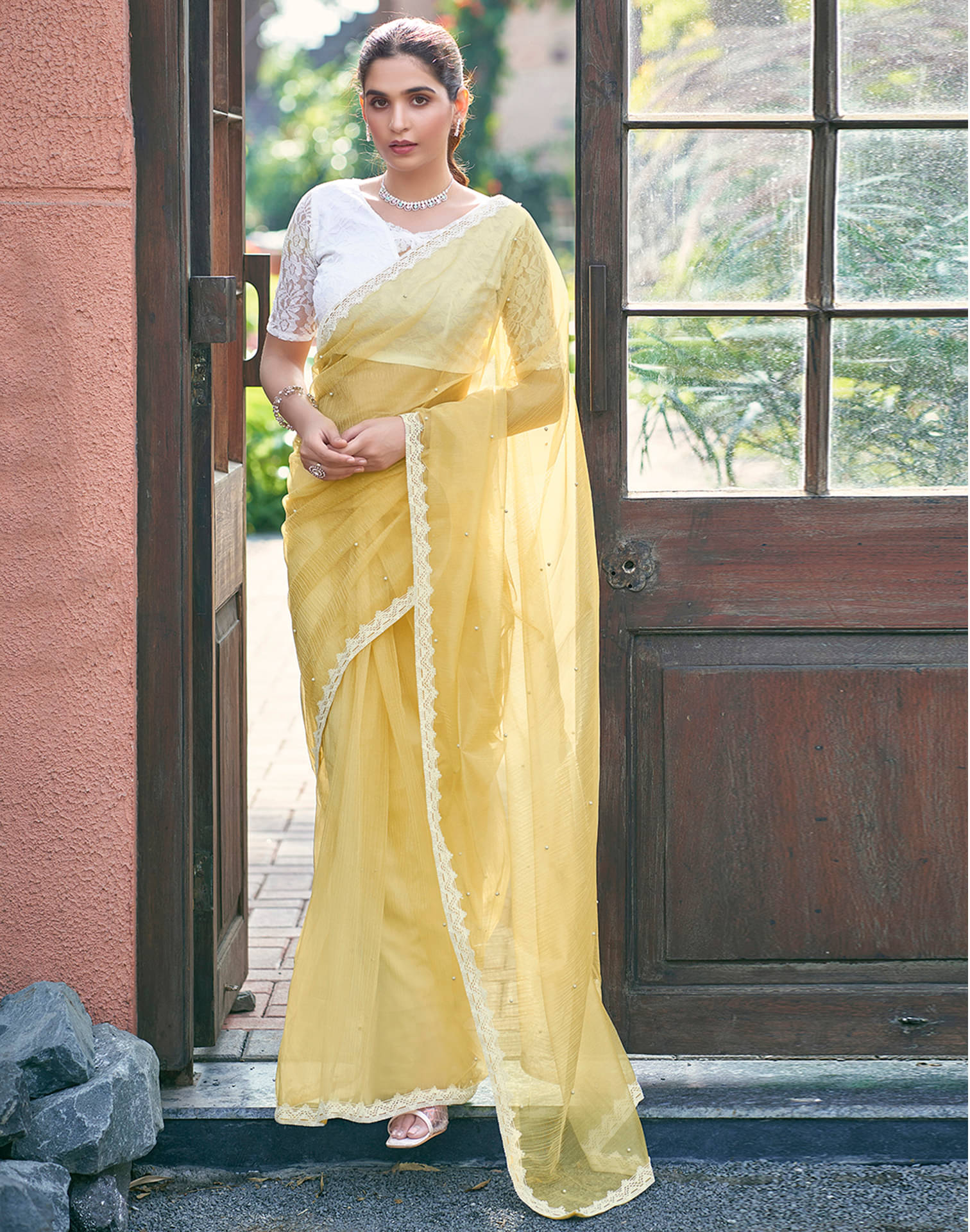 Samah Net Embellished Saree With Unstitched Blouse Piece ( Yellow ) Samah Net Embellished Saree With Unstitched Blouse Piece ( Yellow )