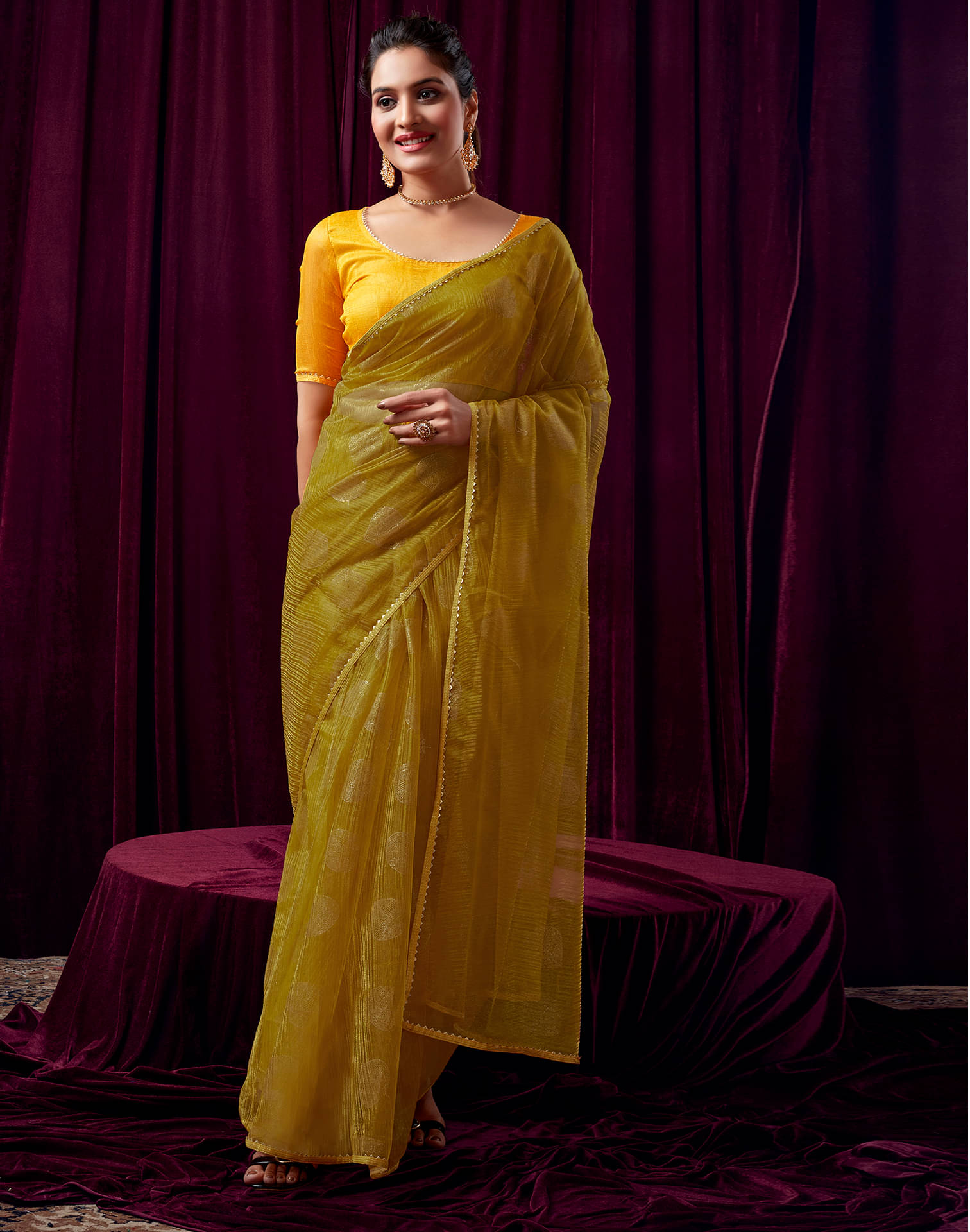     			Samah Net Printed Saree With Unstitched Blouse Piece ( Yellow )