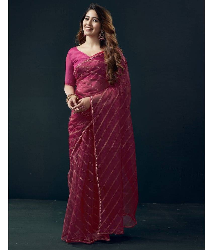     			Samah Net Printed Saree With Unstitched Blouse Piece ( Pink )