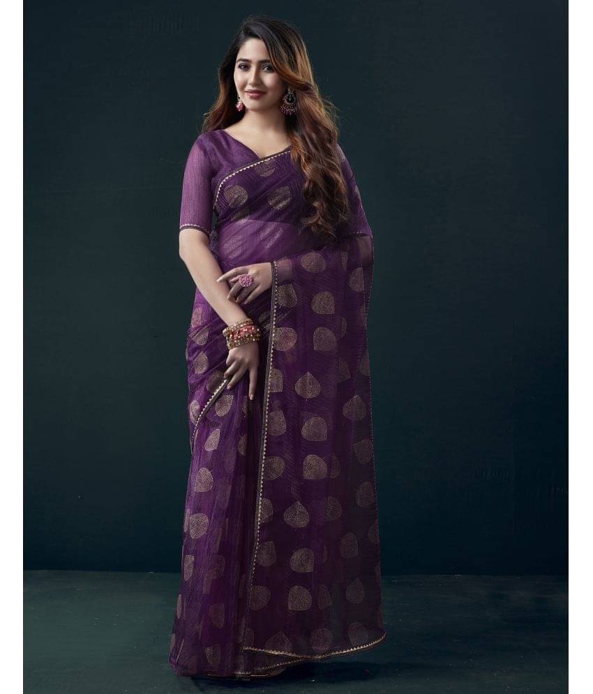     			Samah Net Printed Saree With Unstitched Blouse Piece ( Purple )