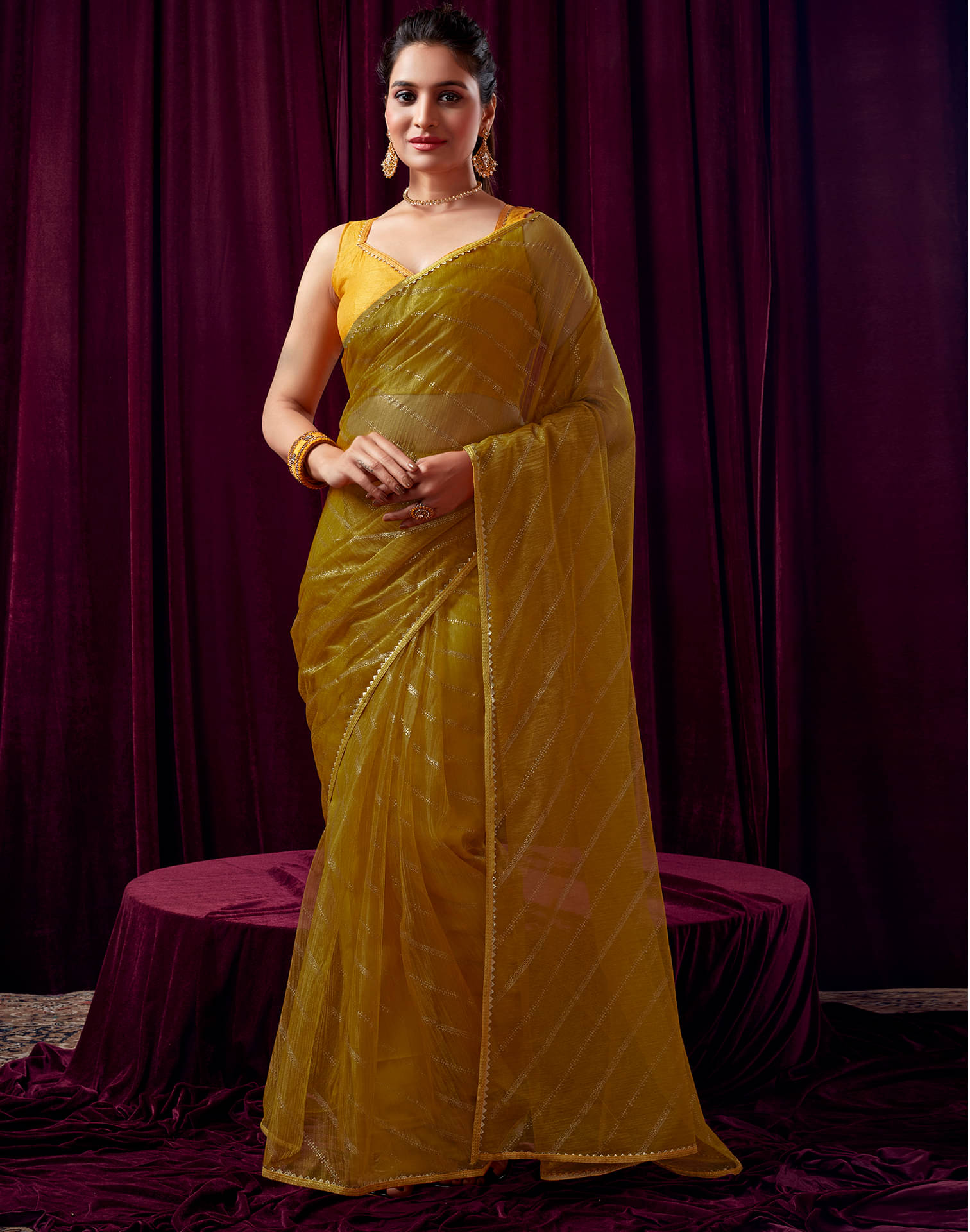     			Samah Net Printed Saree With Unstitched Blouse Piece ( Mustard )
