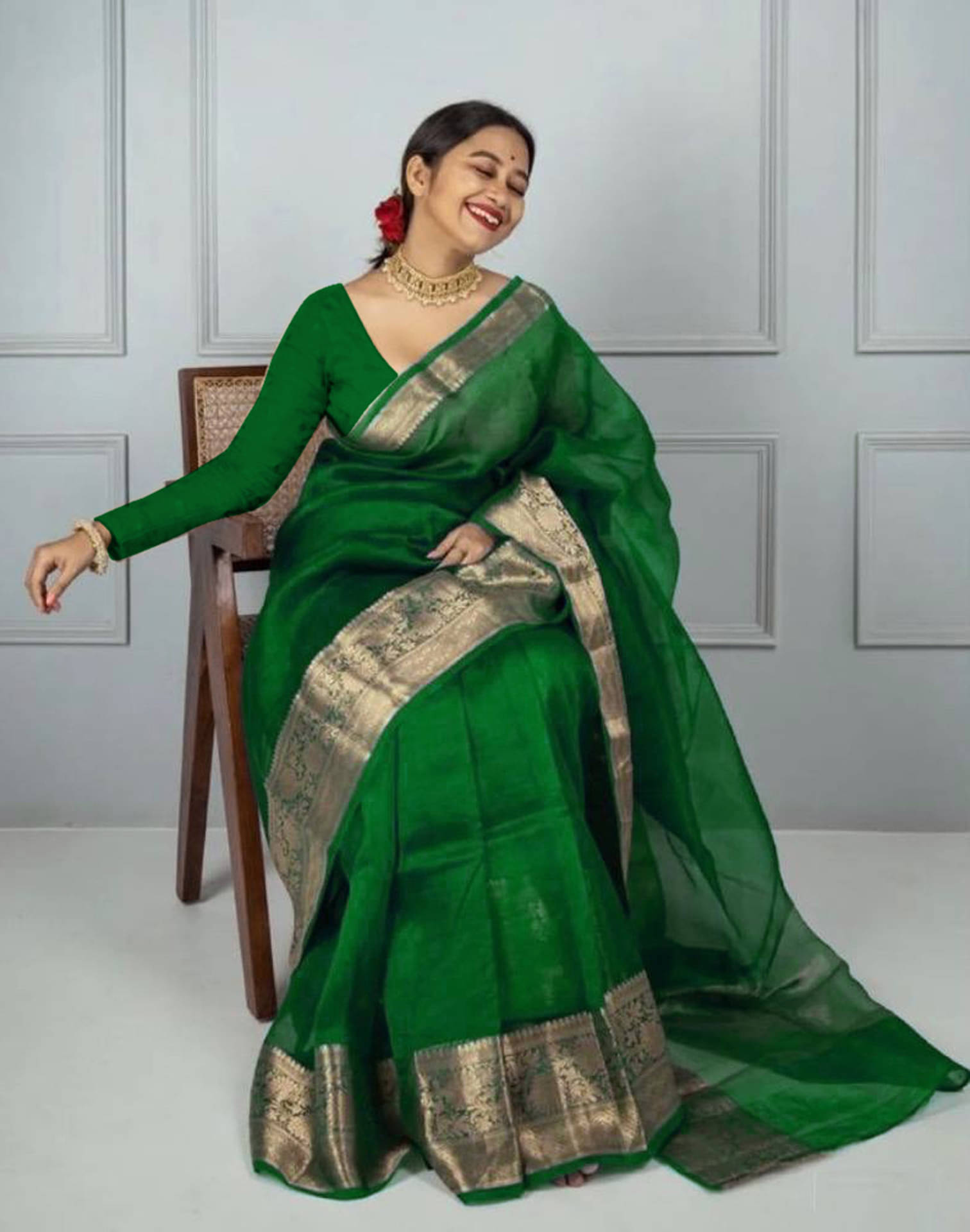 Samah Organza Dyed Saree With Unstitched Blouse Piece ( Green )     			Samah Organza Dyed Saree With Unstitched Blouse Piece ( Green )