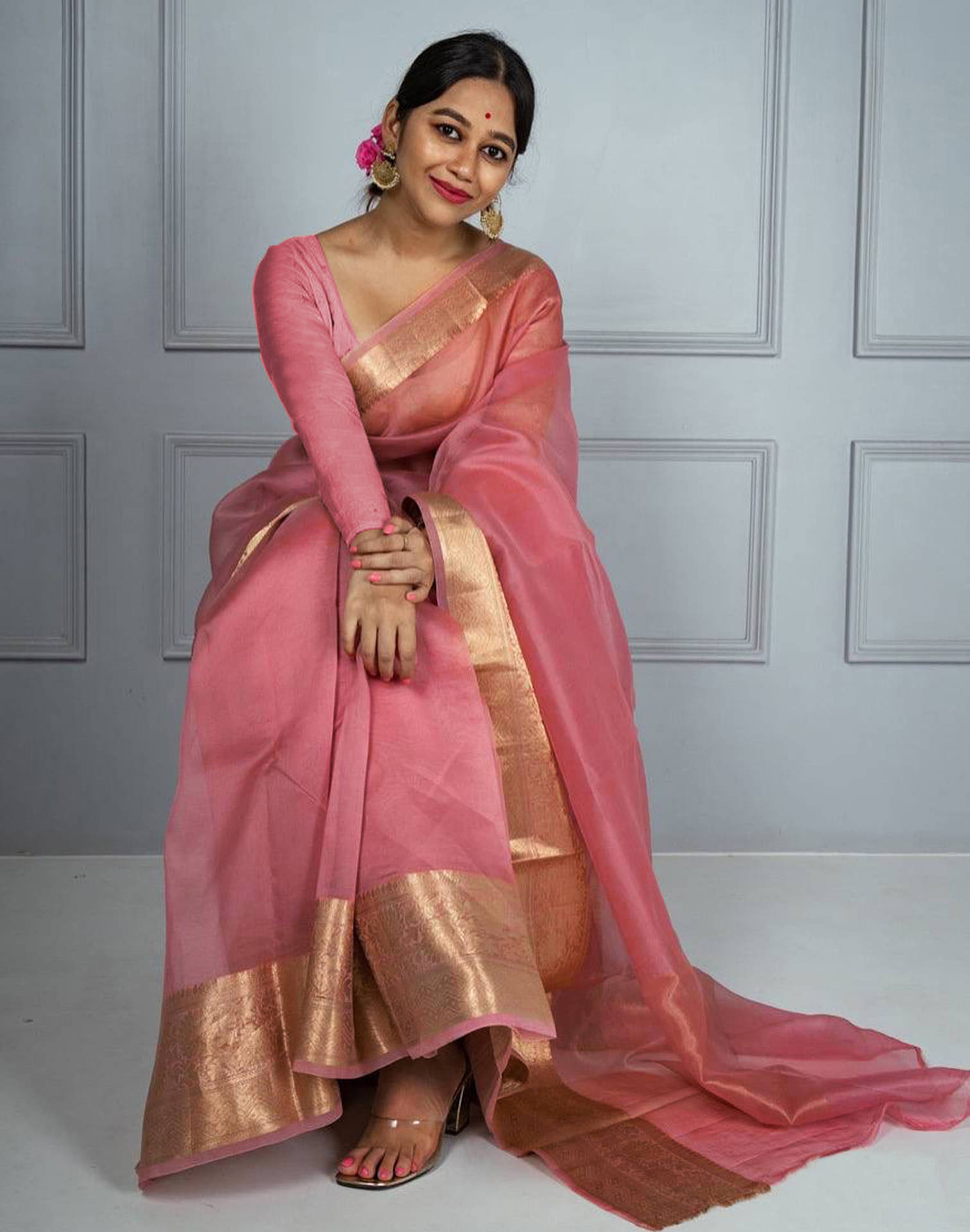     			Samah Organza Dyed Saree With Unstitched Blouse Piece ( Pink )