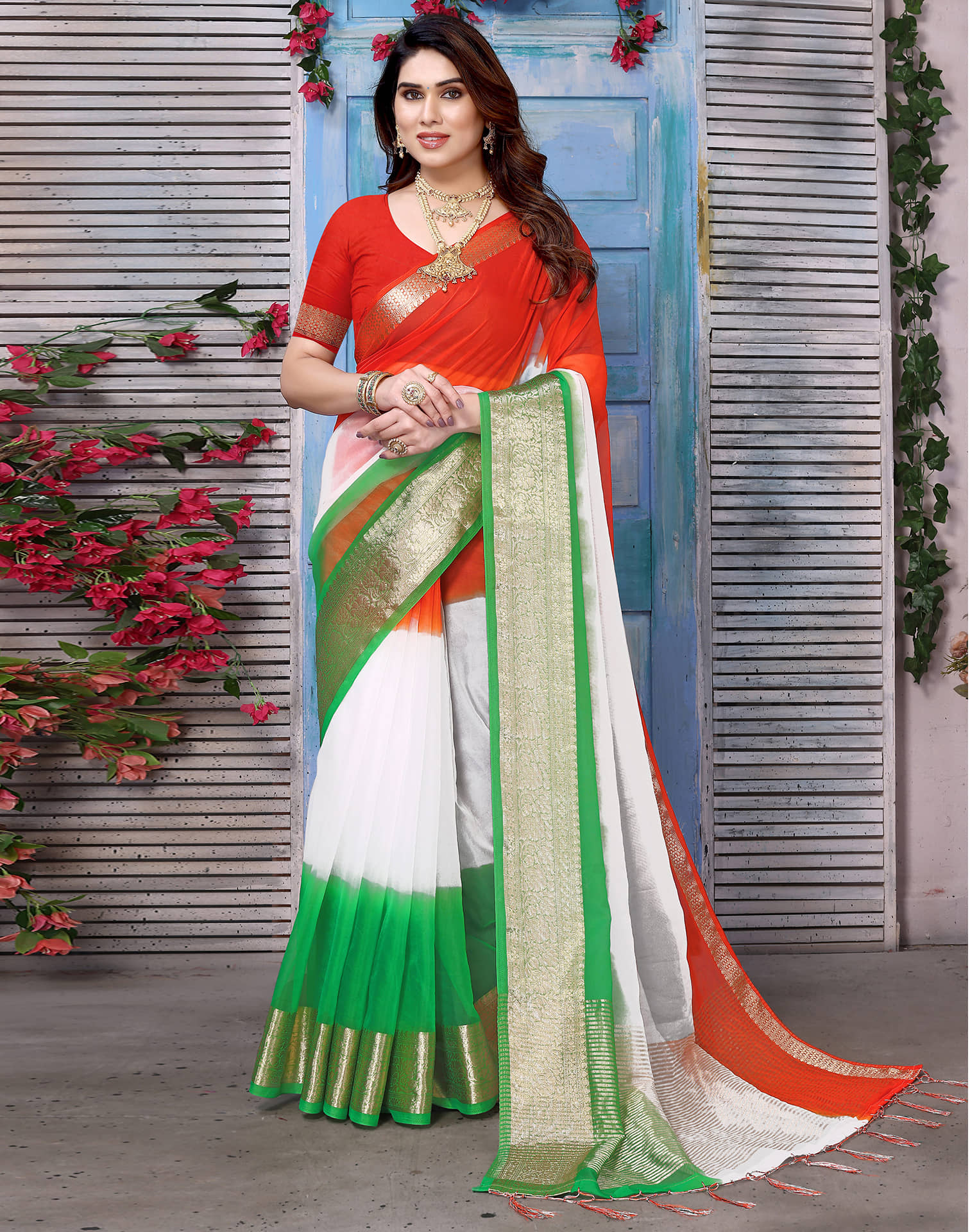 Samah Organza Printed Saree With Unstitched Blouse Piece ( Multicolor ) - Sarees | Buy online on ZillyBuy