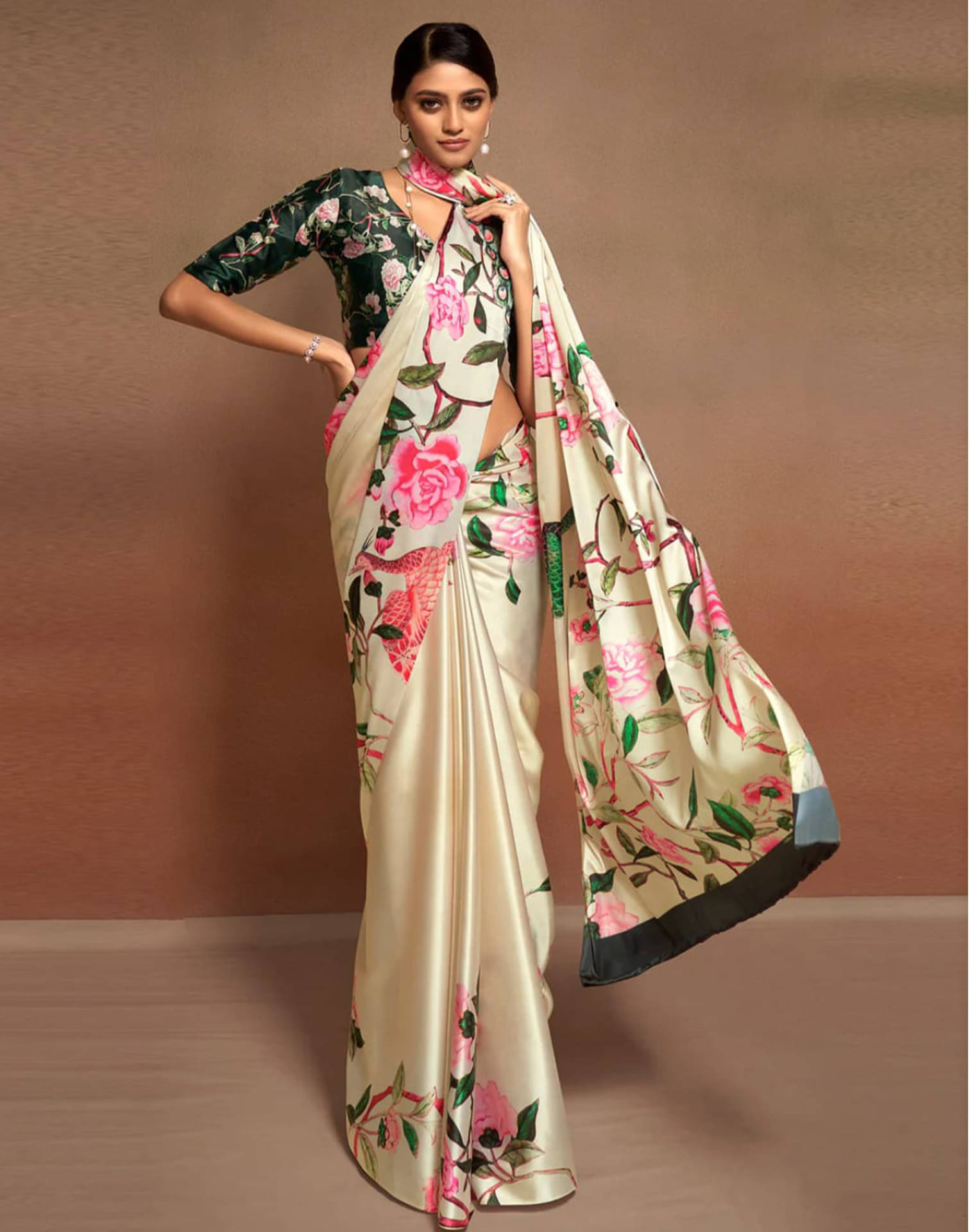 Samah Satin Printed Saree With Unstitched Blouse Piece ( Cream ) Samah Satin Printed Saree With Unstitched Blouse Piece ( Cream )