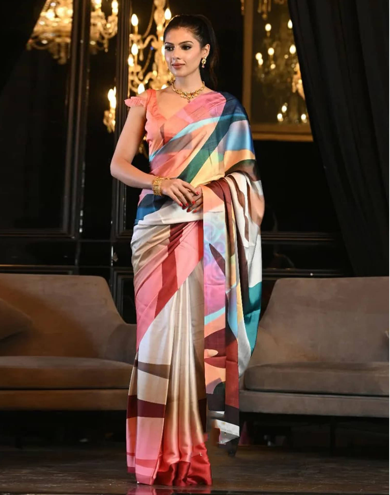     			Samah Satin Printed Saree With Unstitched Blouse Piece ( Multicolor )
