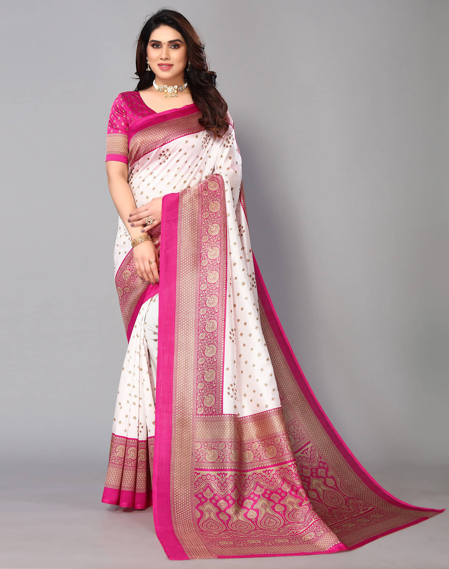     			Samah Silk Blend Printed Saree With Unstitched Blouse Piece ( White )