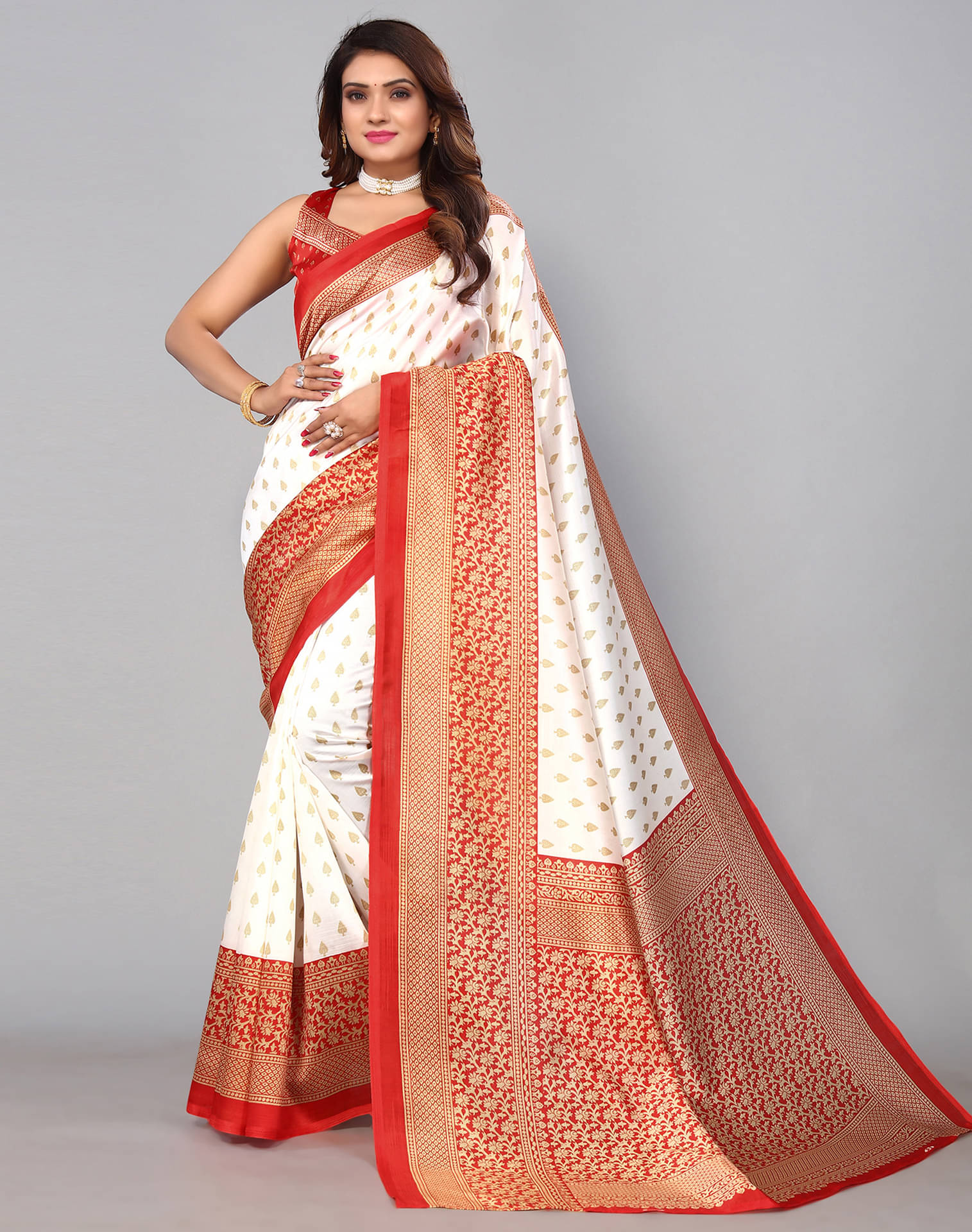 Samah Silk Blend Printed Saree With Unstitched Blouse Piece ( Off White ) Samah Silk Blend Printed Saree With Unstitched Blouse Piece ( Off White )