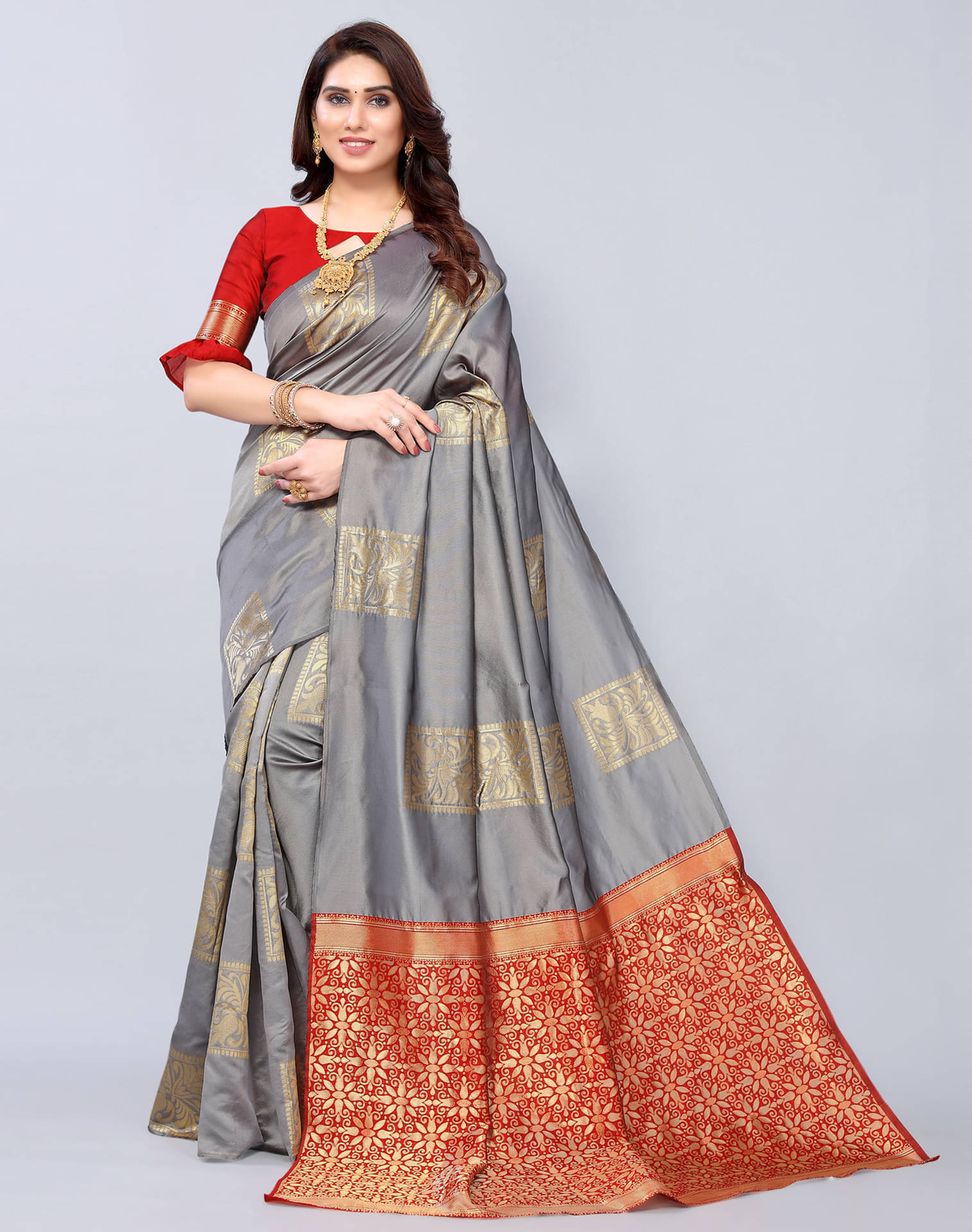     			Samah Silk Blend Self Design Saree With Unstitched Blouse Piece ( Grey )