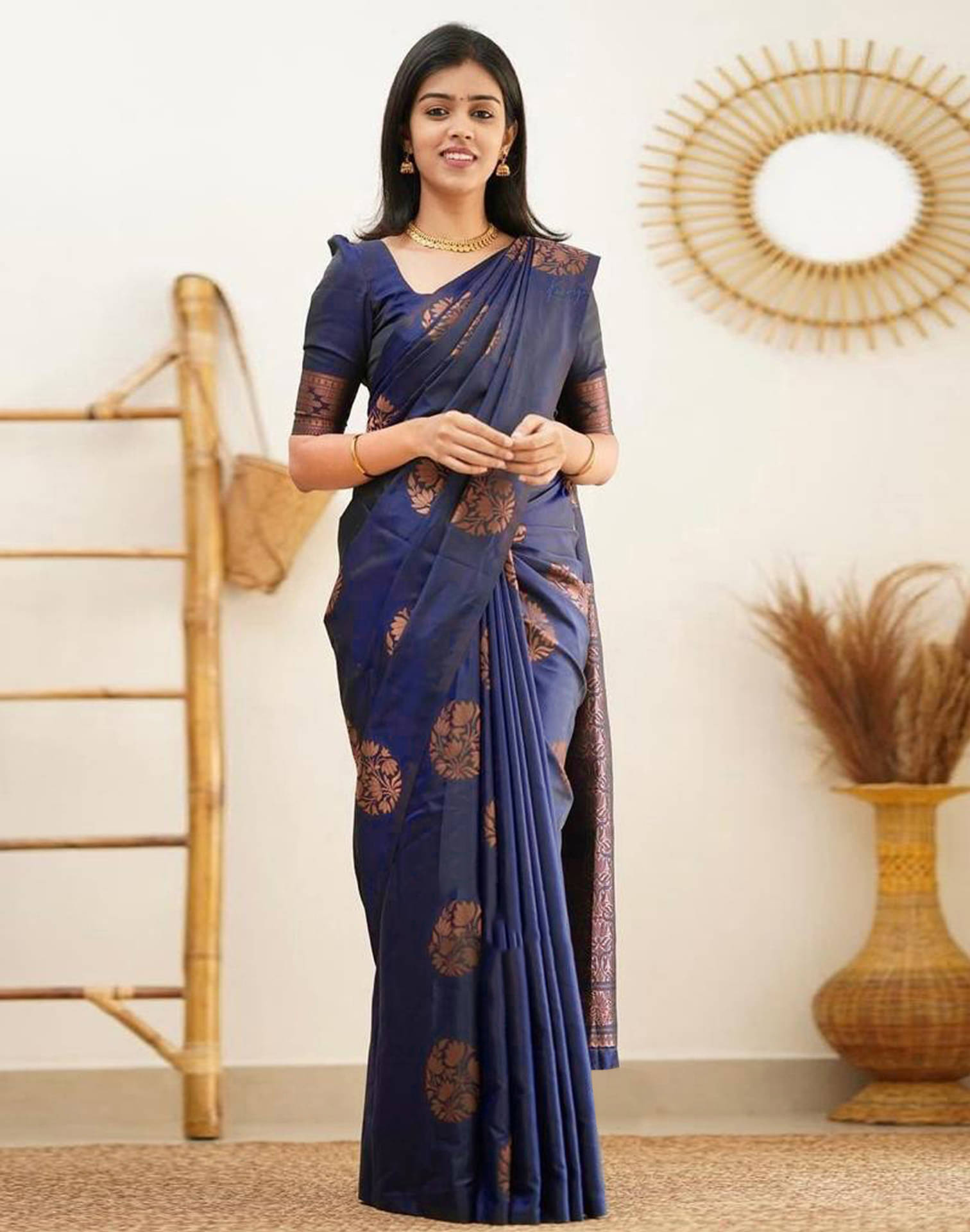     			Samah Silk Blend Self Design Saree With Unstitched Blouse Piece ( Blue )