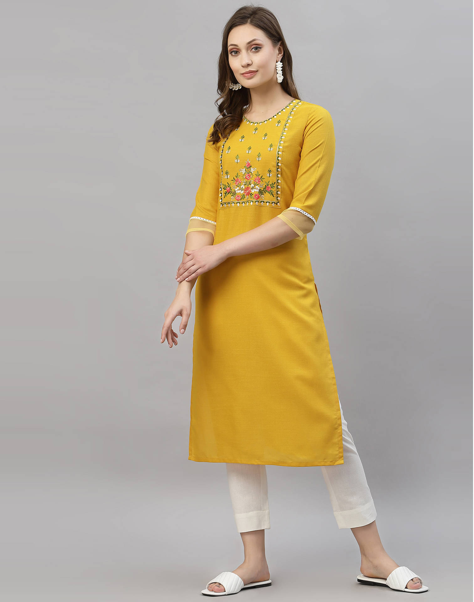 Skylee Cotton Blend Embroidered A-line Women's Kurti - Yellow ( Pack of 1 ) Skylee Cotton Blend Embroidered A-line Women's Kurti - Yellow ( Pack of 1 )