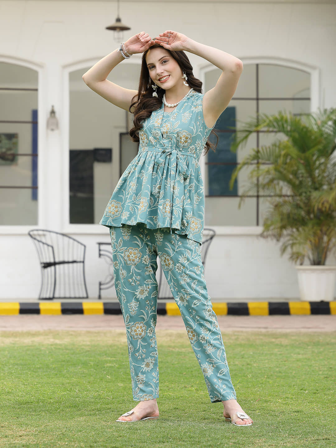 Stylum Women Printed Top With Trousers Co-Ord Set ( Blue )
