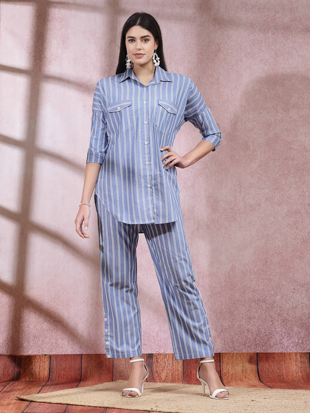 Stylum Women Self Design Top With Trousers Co-Ord Set ( Blue )