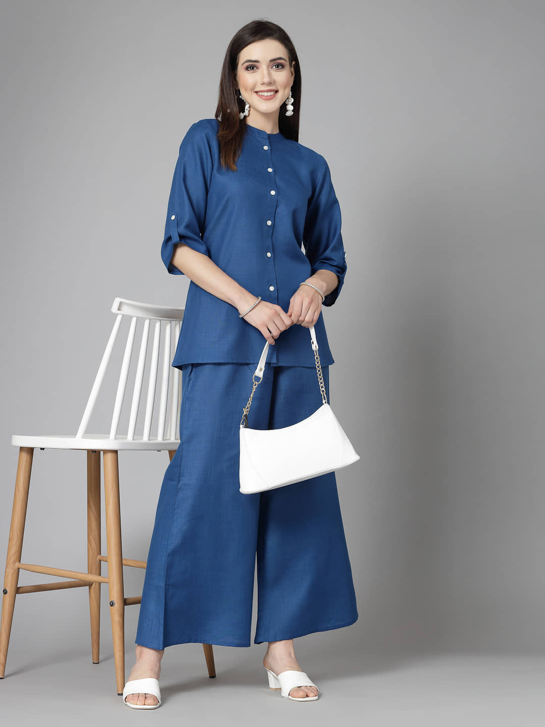 Stylum Women Solid Shirt With Palazzos Co-Ord Set ( Blue )