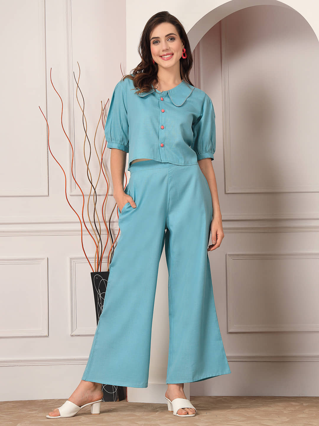 Stylum Women Solid Top With Palazzos Co-Ord Set ( Blue )