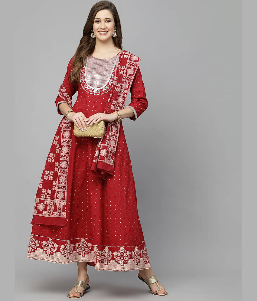 Stylum Cotton Embroidered Anarkali Women's Kurti with Dupatta - Maroon ( Pack of 1 ) - Kurtis, Tunics | Buy online on ZillyBuy