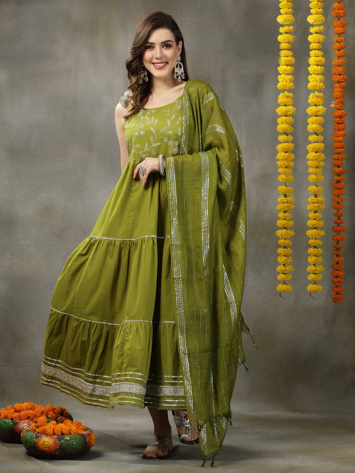 Stylum Cotton Embroidered Tiered Flared Women's Kurti with Dupatta - Green ( Pack of 1 ) Stylum Cotton Embroidered Tiered Flared Women's Kurti with Dupatta - Green ( Pack of 1 )